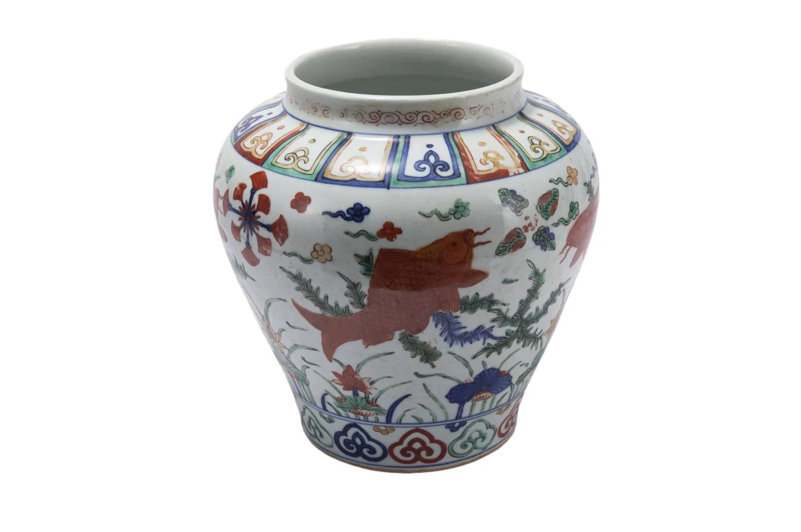 A CHINESE WUCAI LOTUS POND PORCELAIN JAR