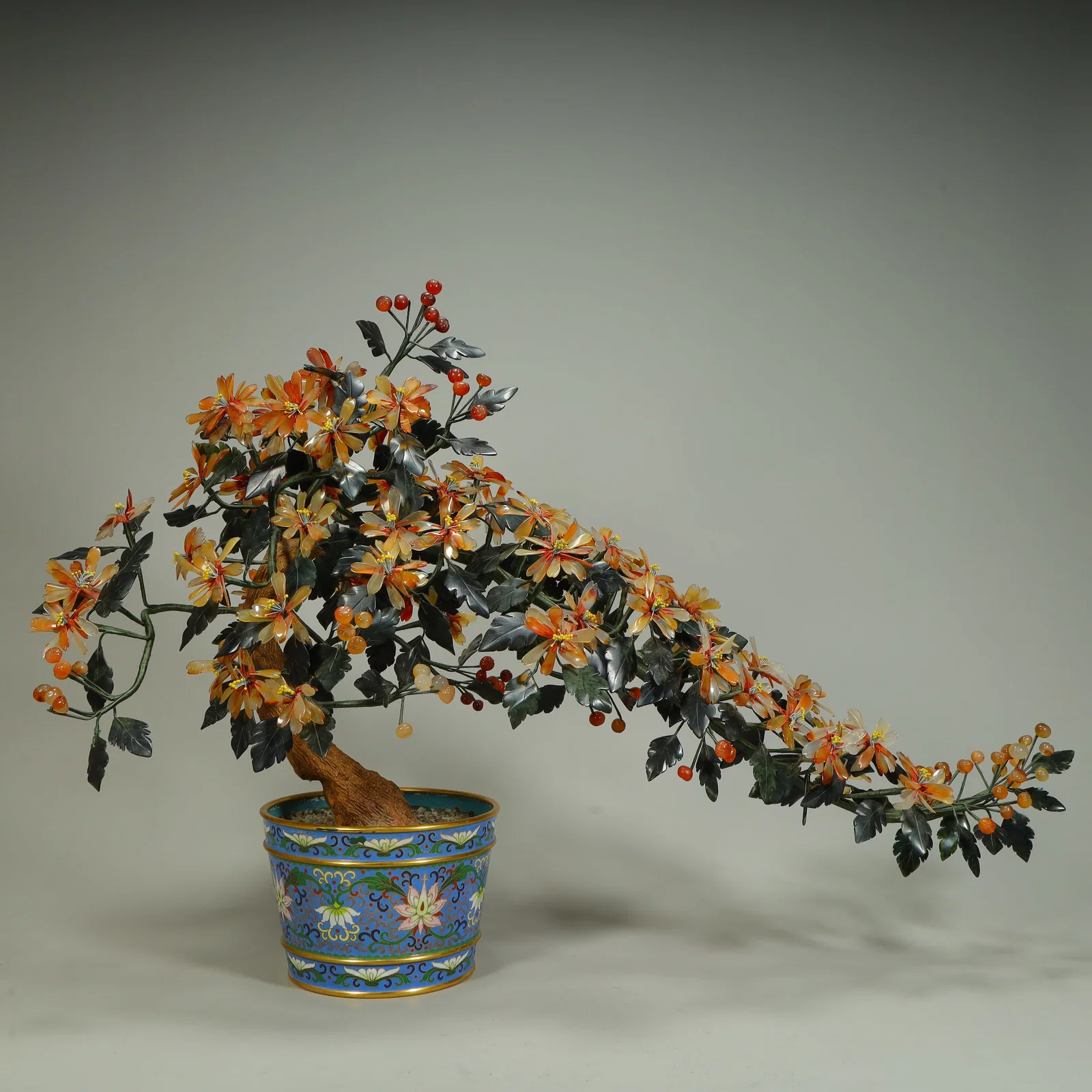A cloisonné with jade bent branches bonsai