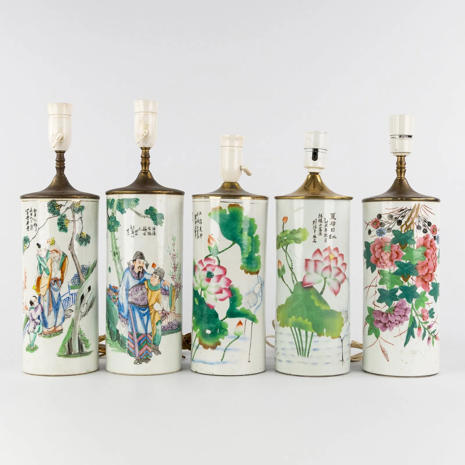 A Collection of five Chinese Hat stands, Famille Rose, electrified into table lamps, 19th/20th