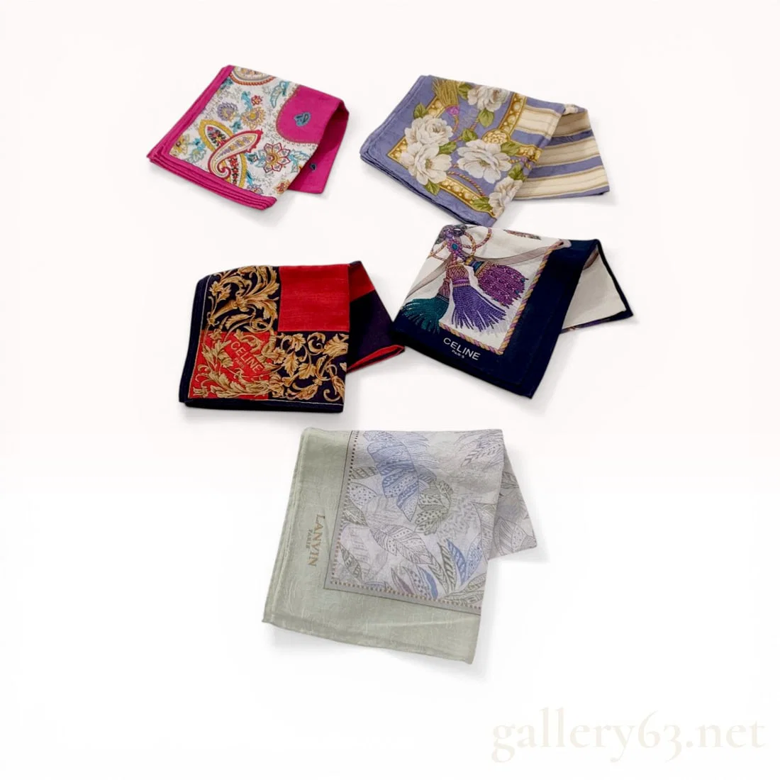 A Collection of Five Designer Scarves and Handkerchiefs Including Celine and Lanvin