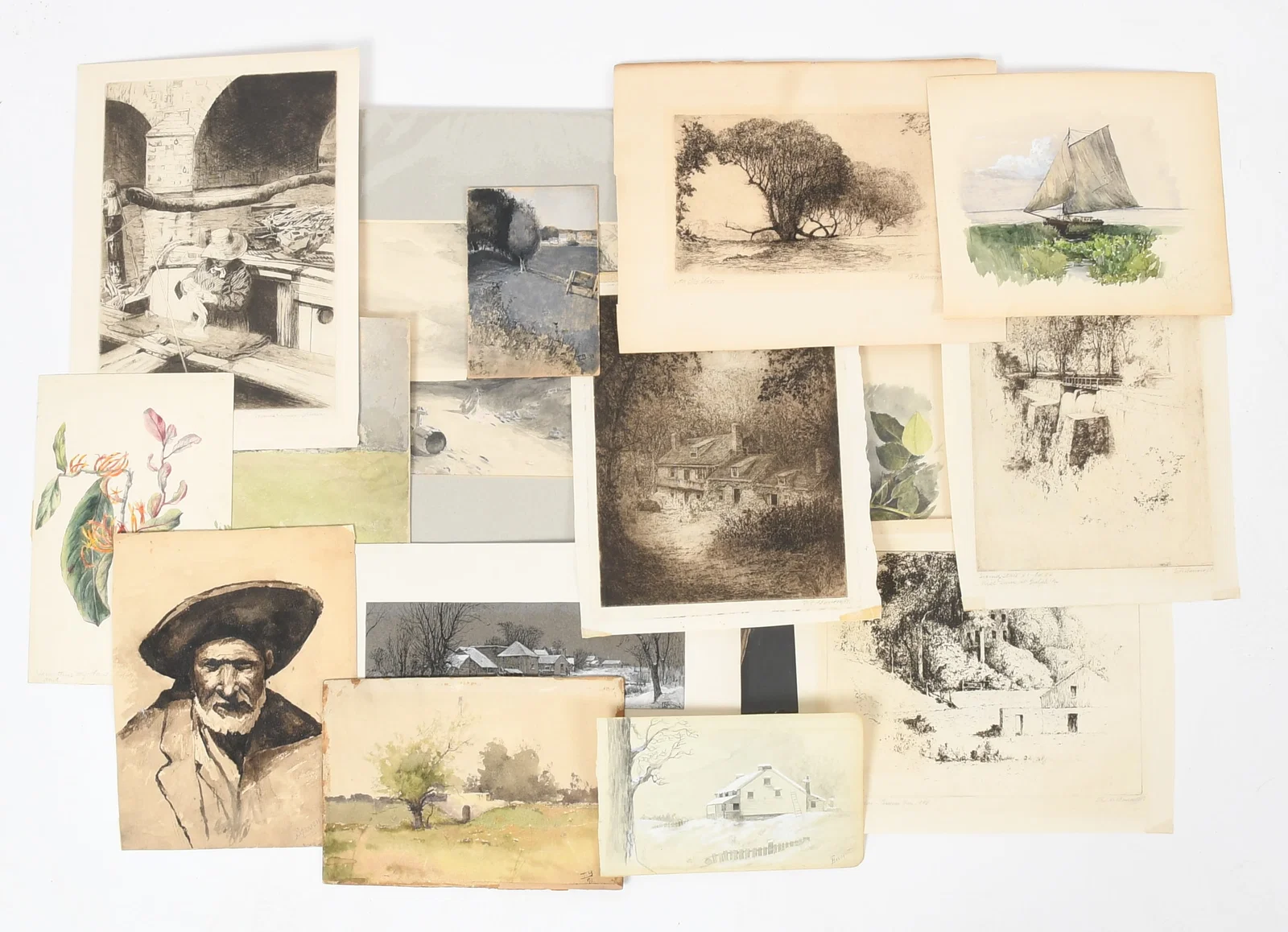 A Collection of Fourteen Watercolors and Etchings by Thomas Forman Bancroft (American, 1864-1934)