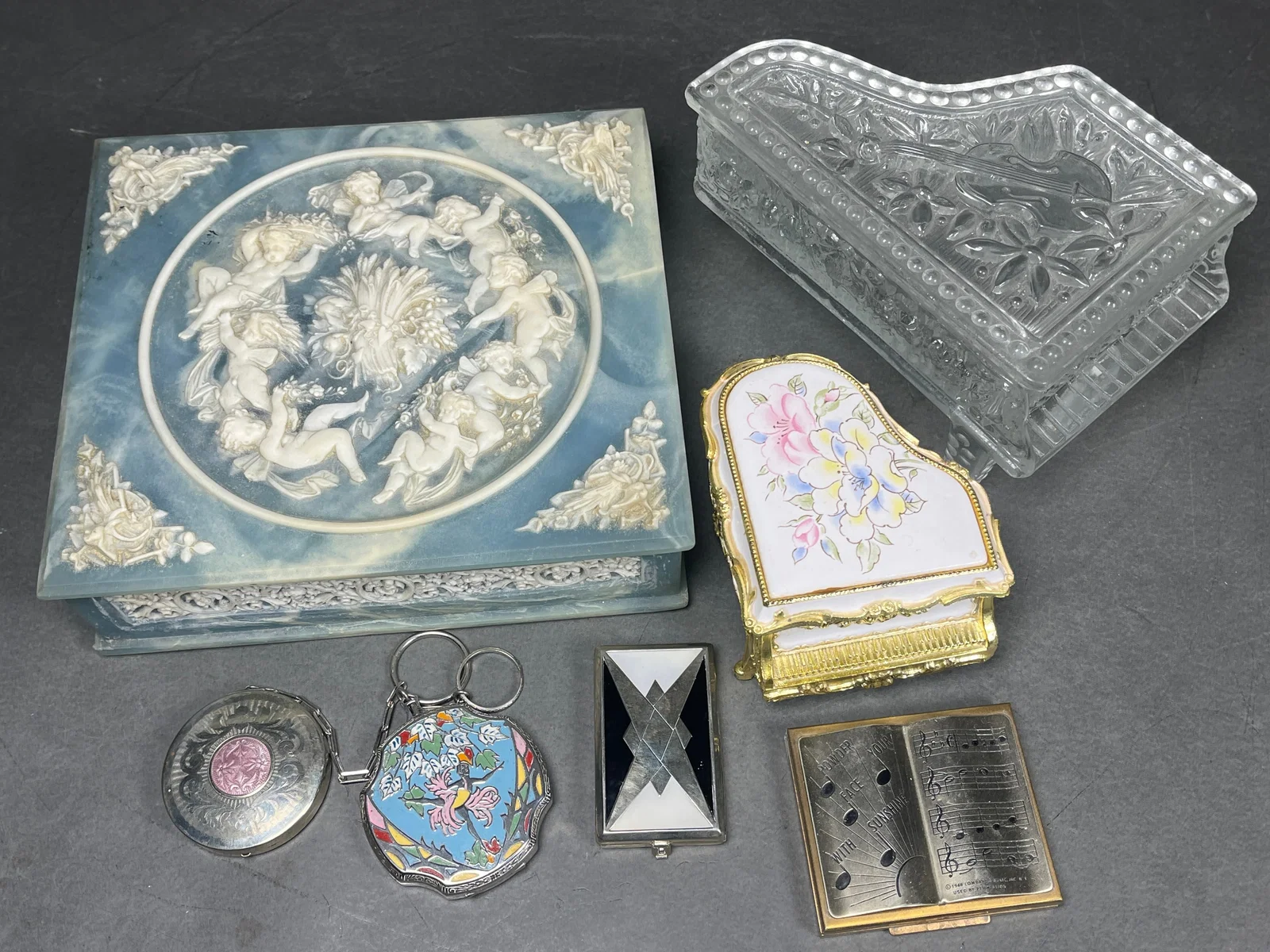 A Collection of Mid-20th Century Decorative Jewelry Boxes and Vanity Compacts