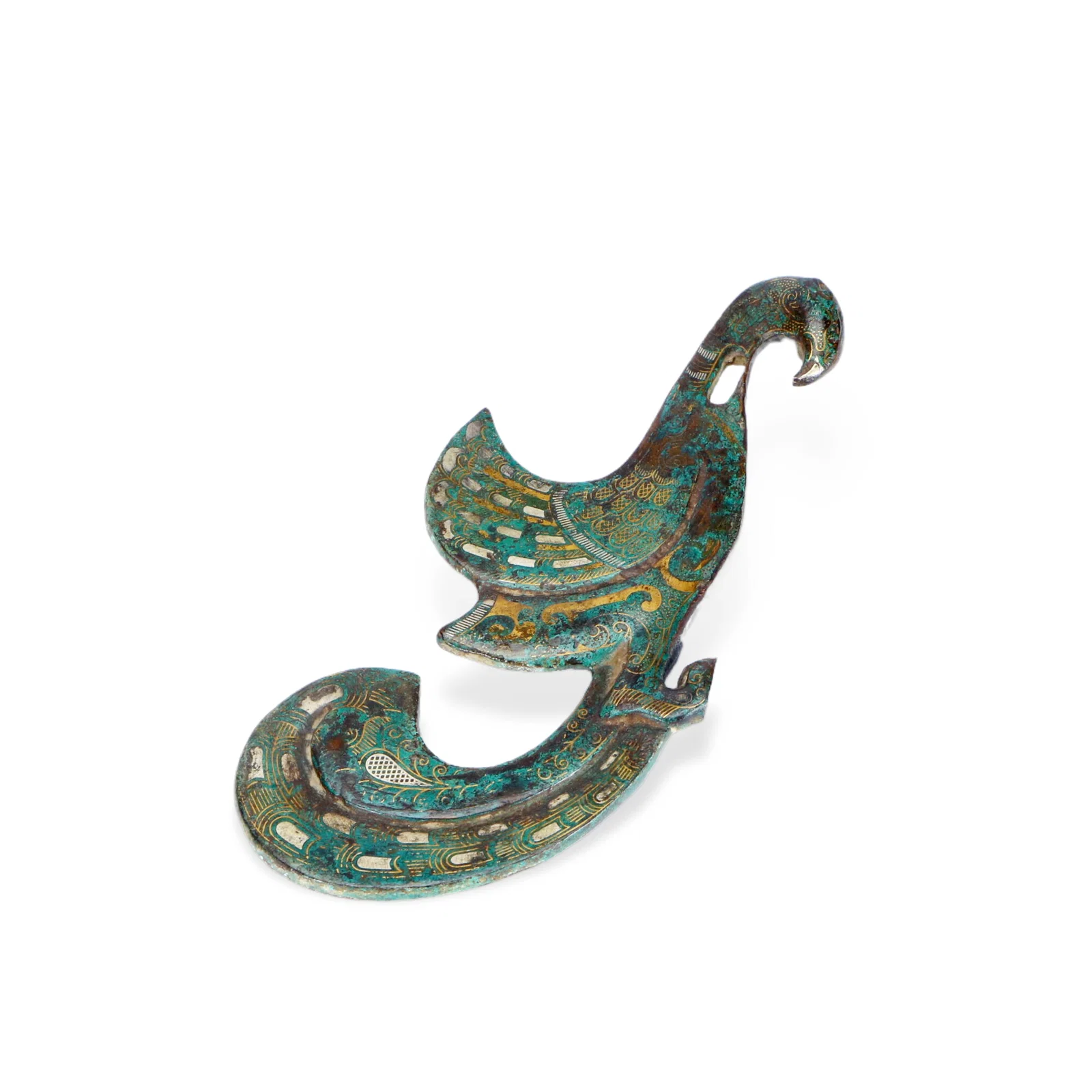A COPPER GOLD AND SILVER INLAID PHOENIX PATTERN BELT HOOK
