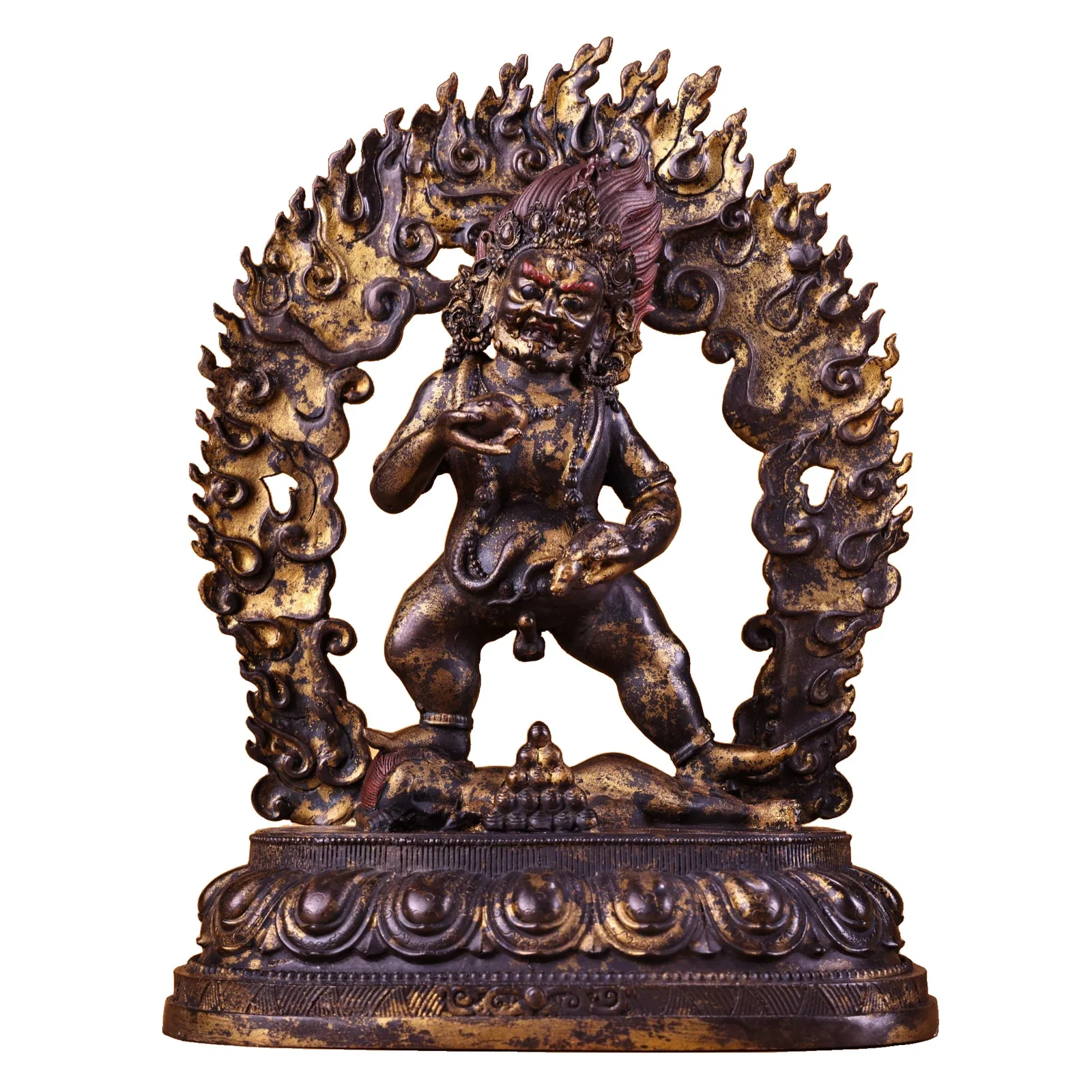 A copper high relief carved statue of the Tibetan Wealth Deity Buddha.