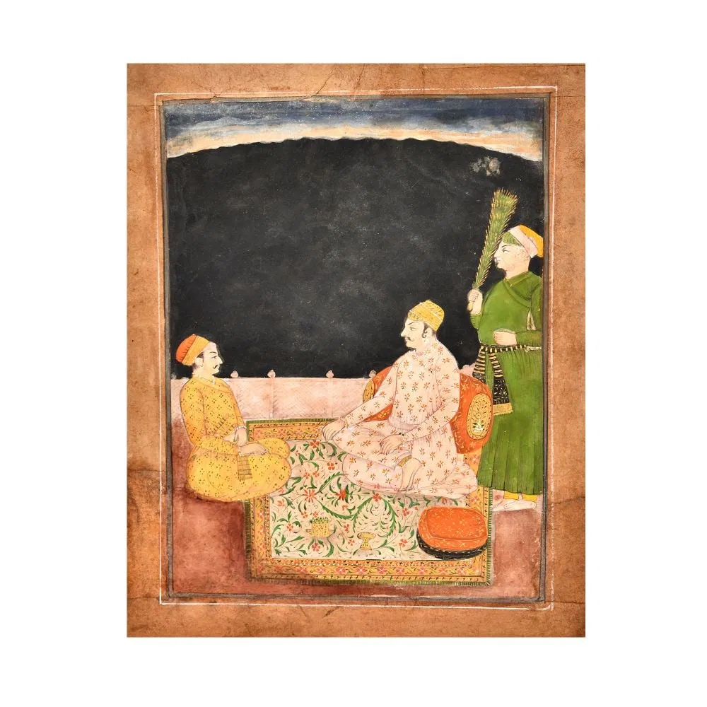 A COURTESAN MEETING A KING WITH ATTENDANT IN NIGHT SKY, KISHANGARH, LATE 19TH CENTURY