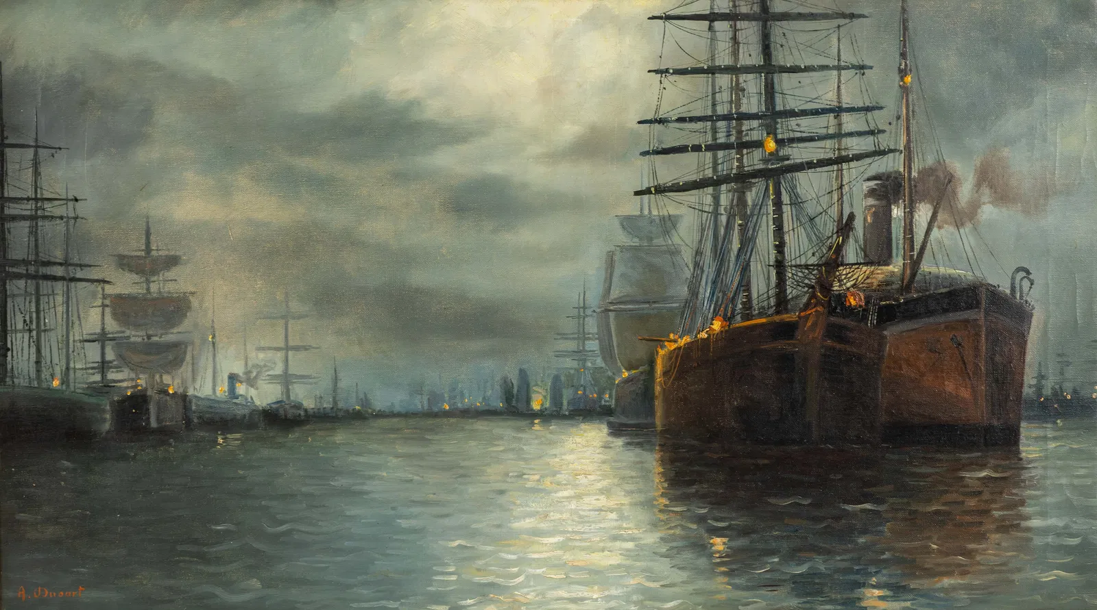 A Decorative marine painting, 'The Harbor under the Moonlight', signed A. Dusart.