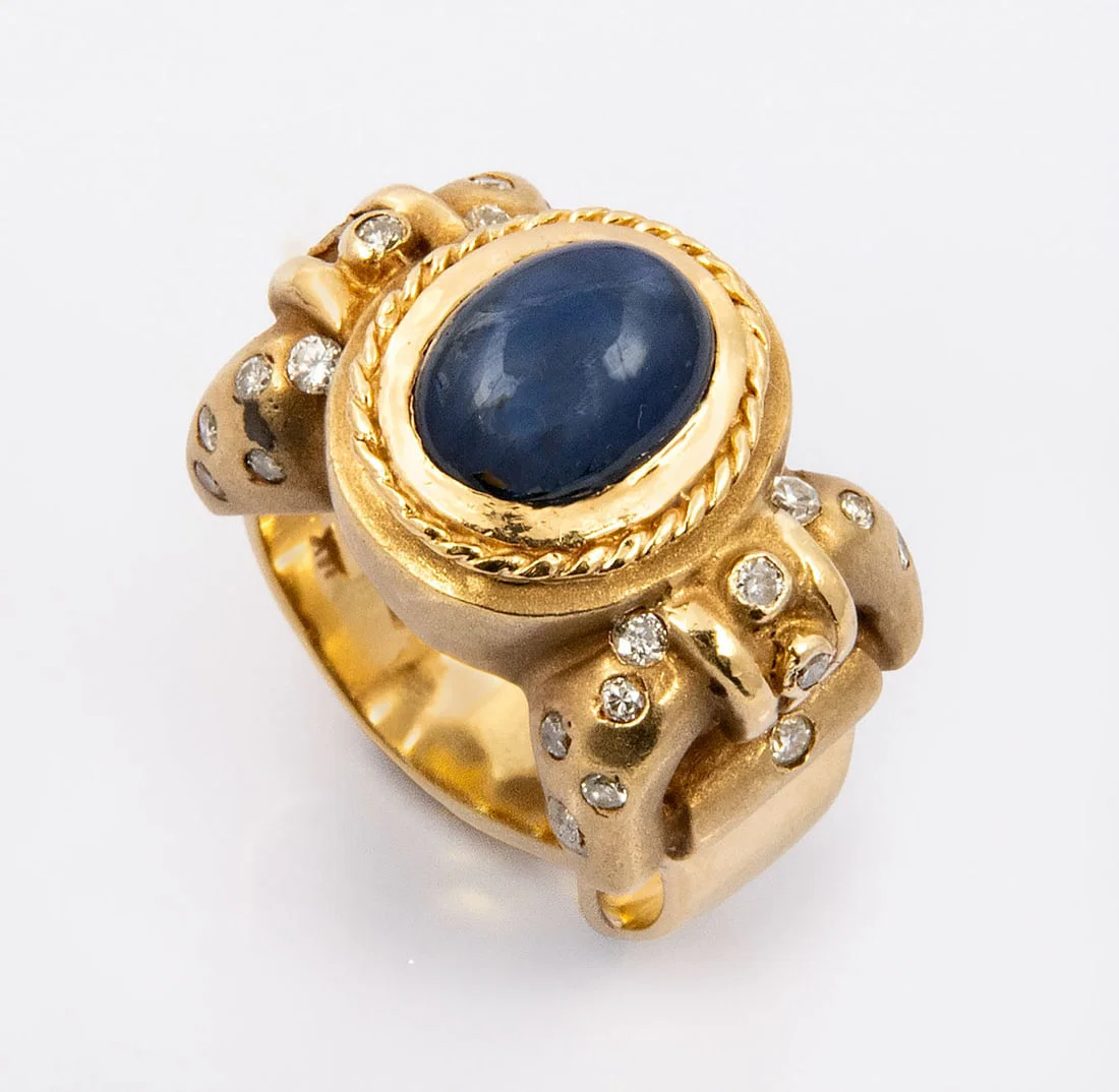 A Designer 14K Brushed Yellow Gold approx 2Ct Sapphire and Diamond Ring