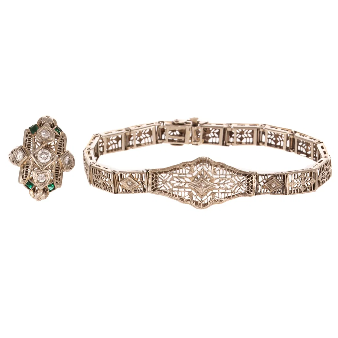 A Diamond Filigree Ring in 18K & Bracelet in 14K