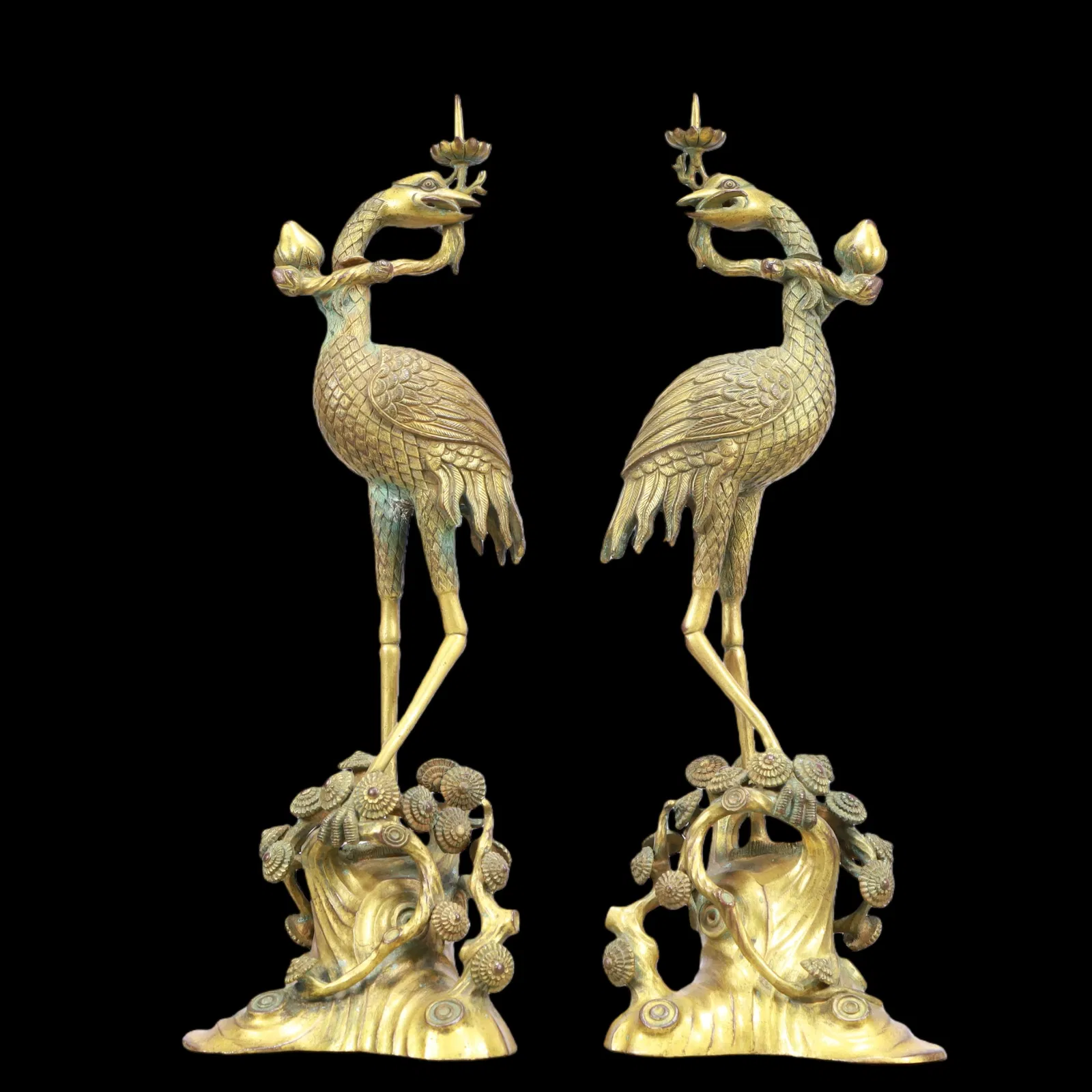 A Exquisite A pair of Gilt Bronze Crane-Form Candlestick