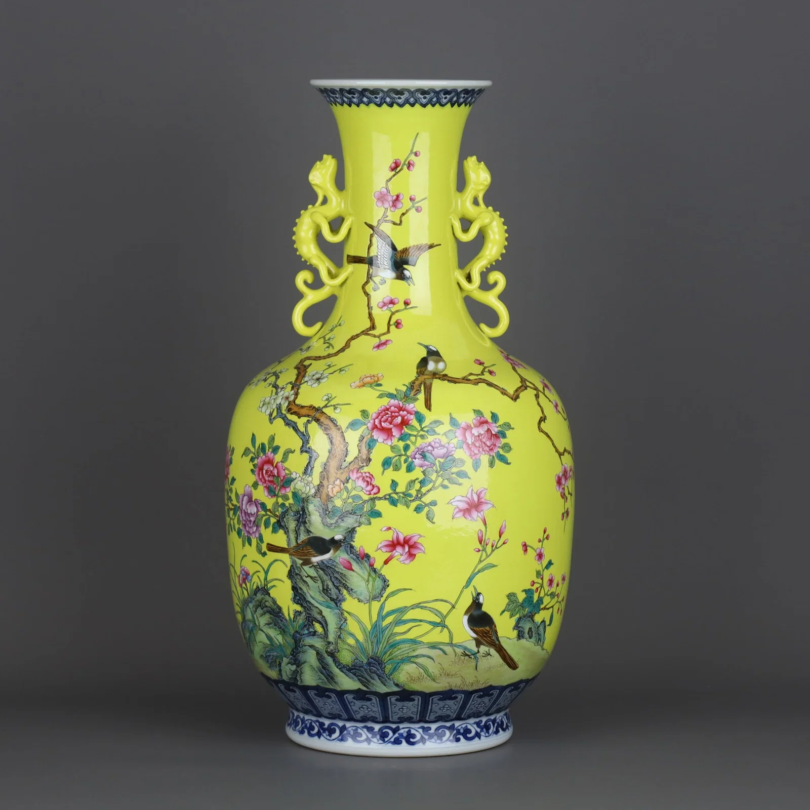 A Exquisite Blue and White Famille-Rose Flower and Bird Pattern Dragon Ears Vase