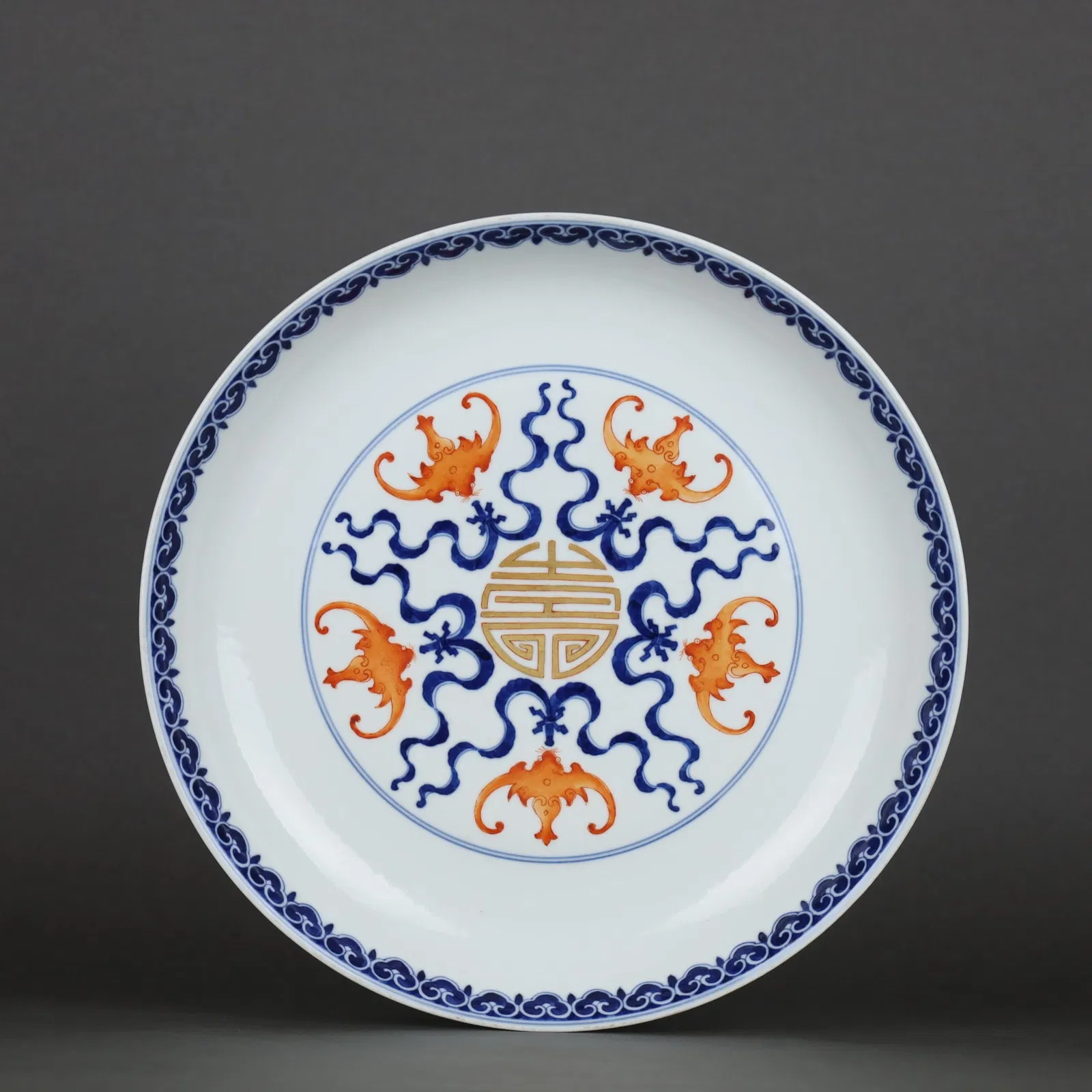 A Exquisite Blue and White Iron-Red Bat Pattern Plate