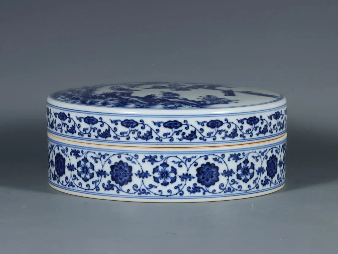 A Exquisite Blue and White Lotus Figures Pattern Box