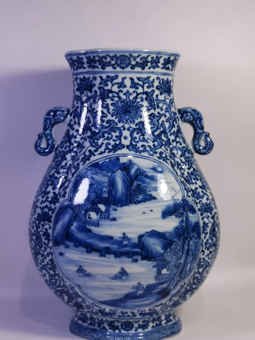 A Exquisite Blue and White Lotus Landscape Pattern Elephant-Ears Vase