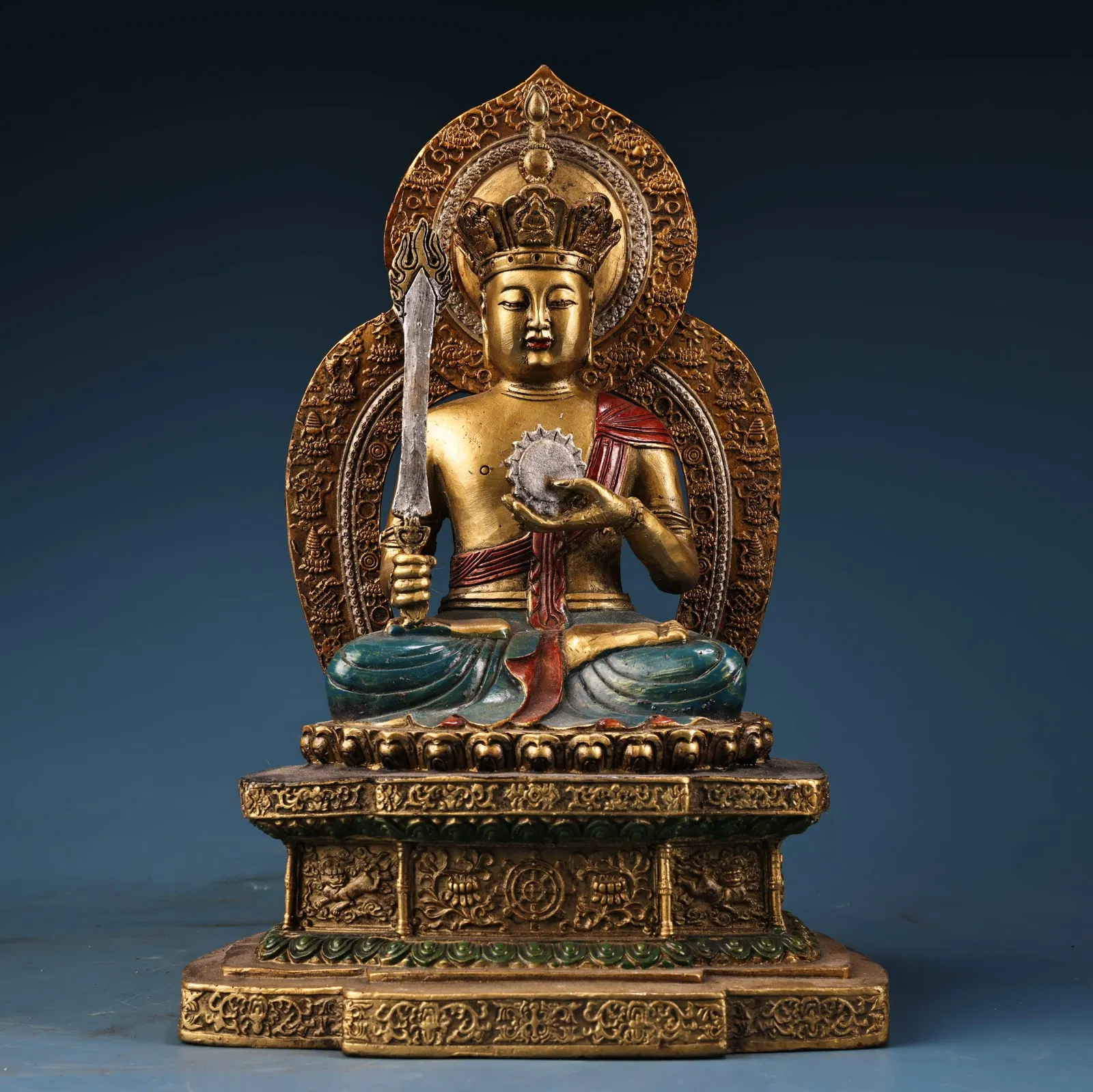 A Exquisite Bronze Carved Painted Gold Buddha statue Ornament
