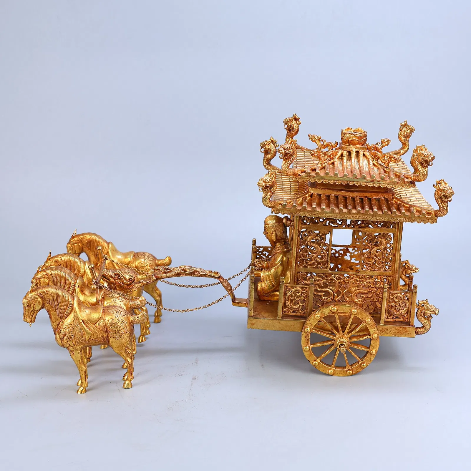 A Exquisite Bronze Gilt Openwork Carved Horse-Drawn Carriage