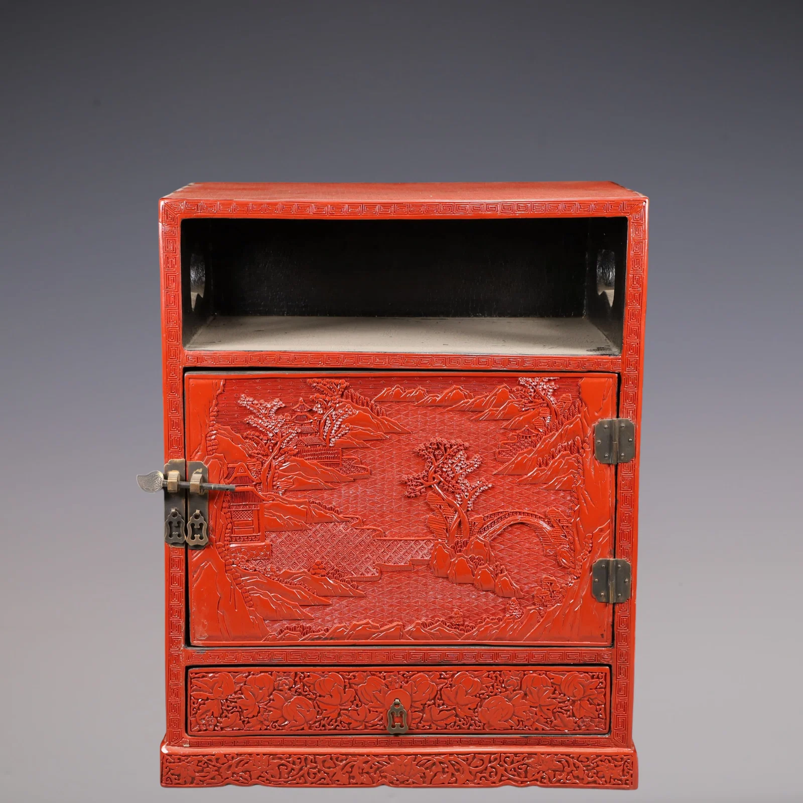 A Exquisite Carved Red Lacquer Flower and Fruit Pattern Landscape Pattern Box