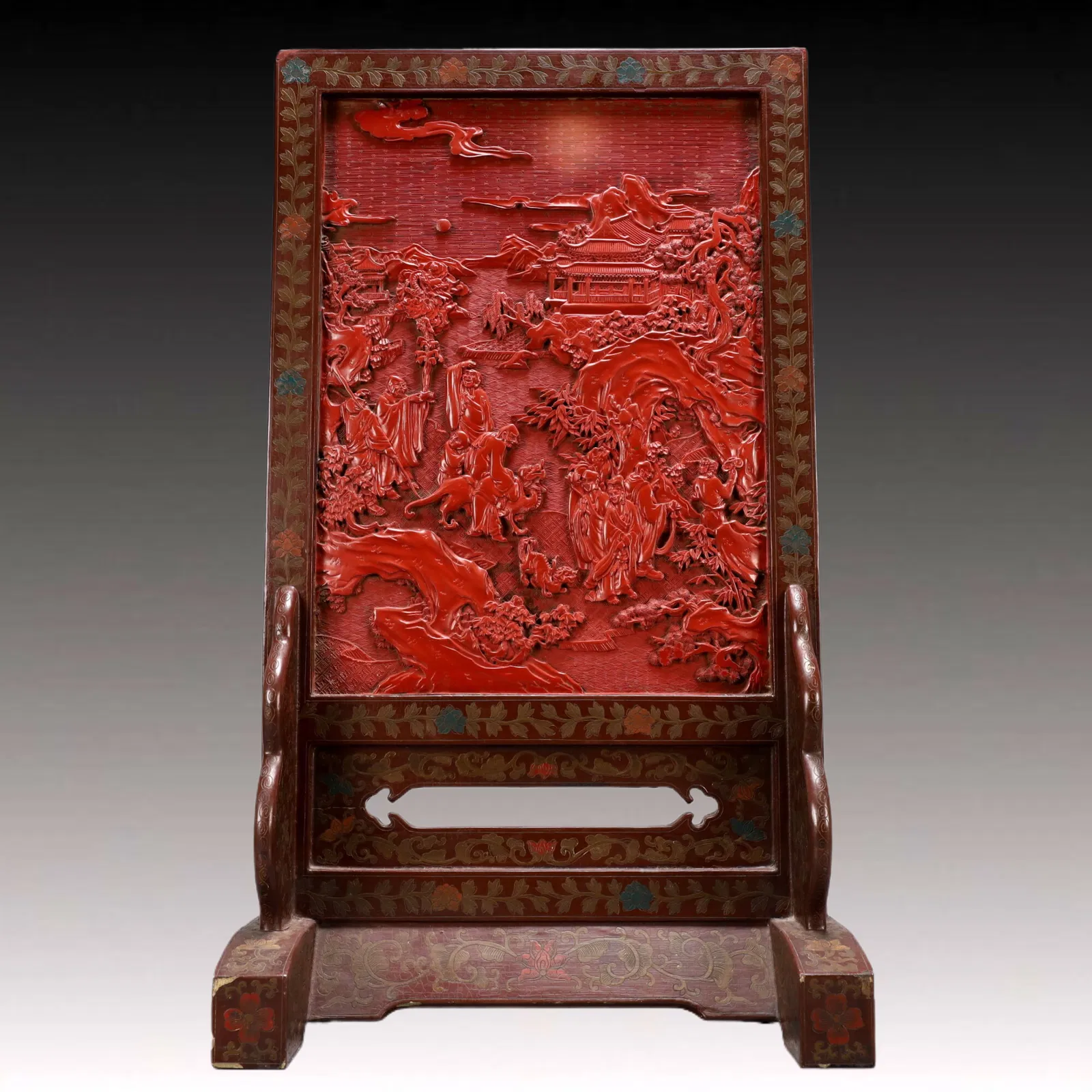 A Exquisite Carved Red Lacquer Landscape and Figure Pattern Screen