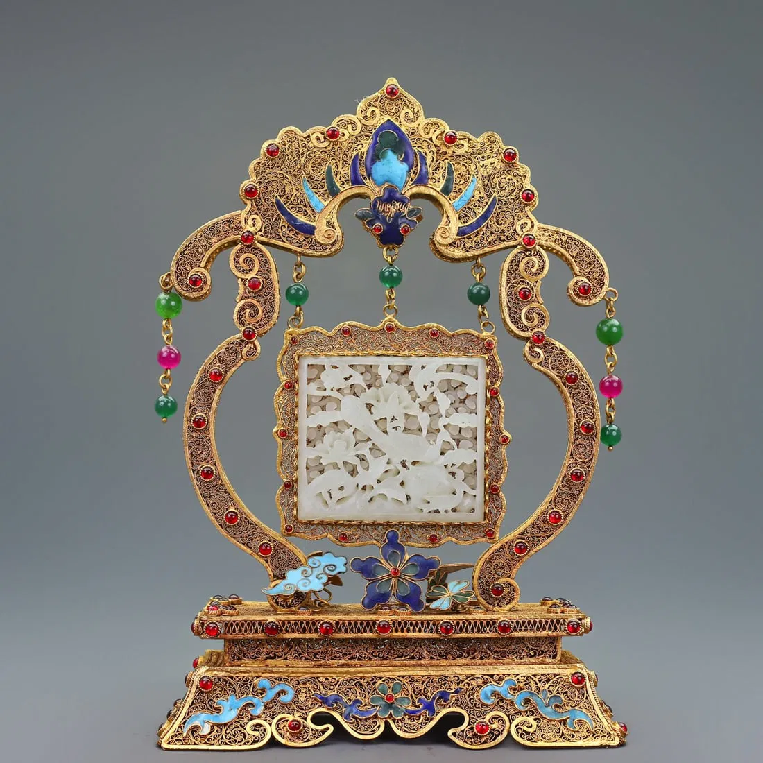 A Exquisite Cloisonne Inlaid Hetian Jade Screen Ornament