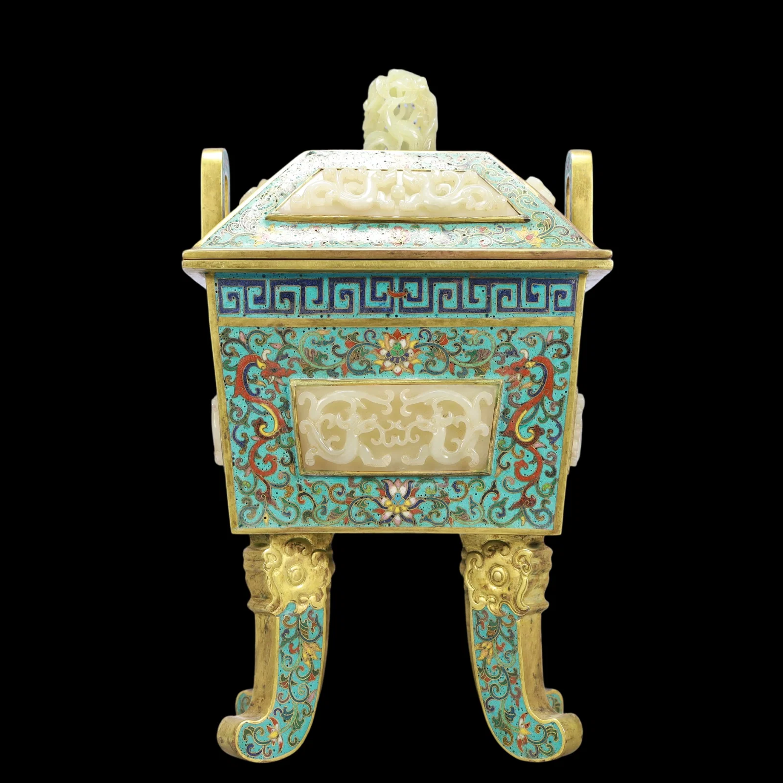 A Exquisite Cloisonne Inlaid White Jade Lotus Pattern Dragon Pattern Double-Ears Censer