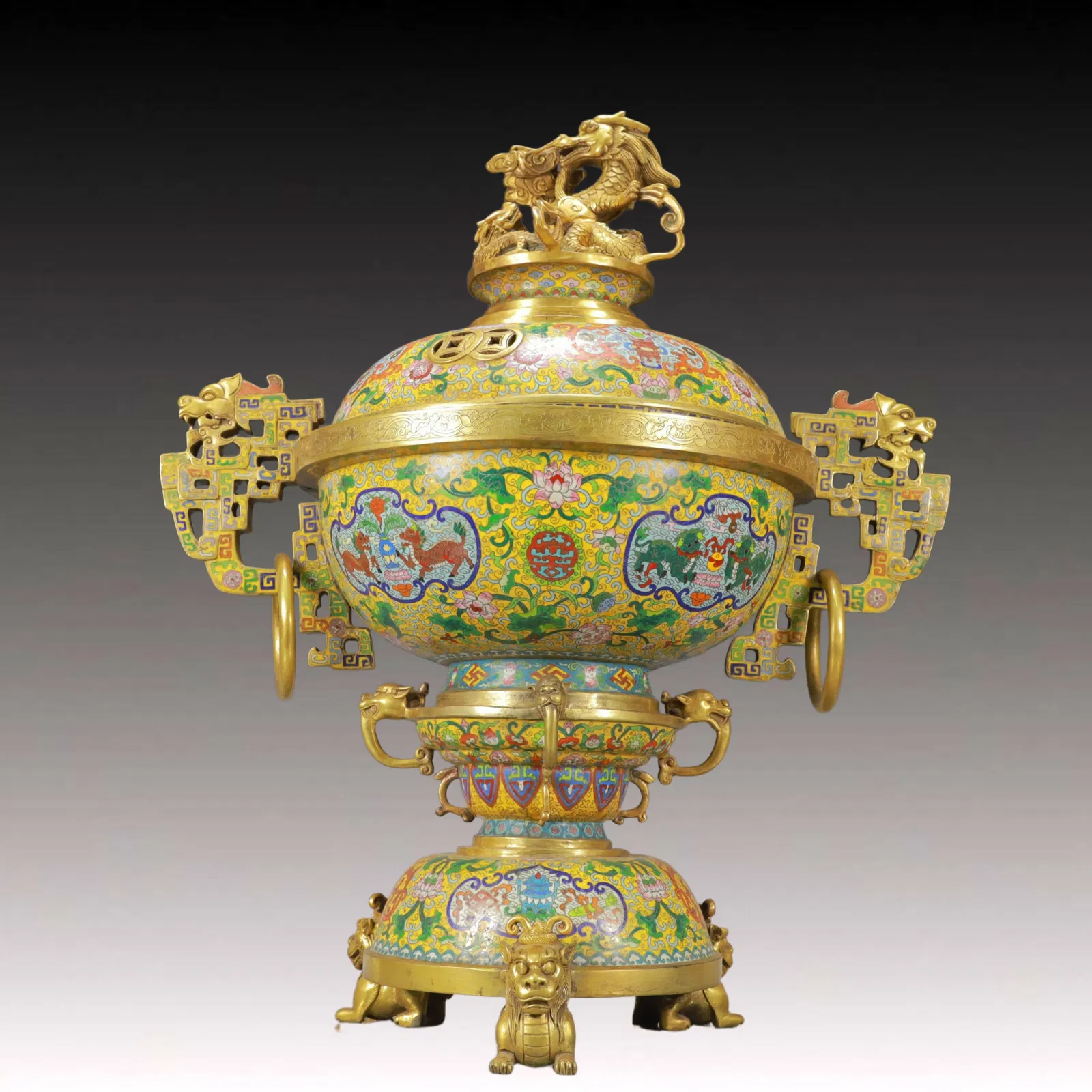 A Exquisite Cloisonne Lotus Pattern Auspicious Beast Pattern Double-Ears and Tripod Censer