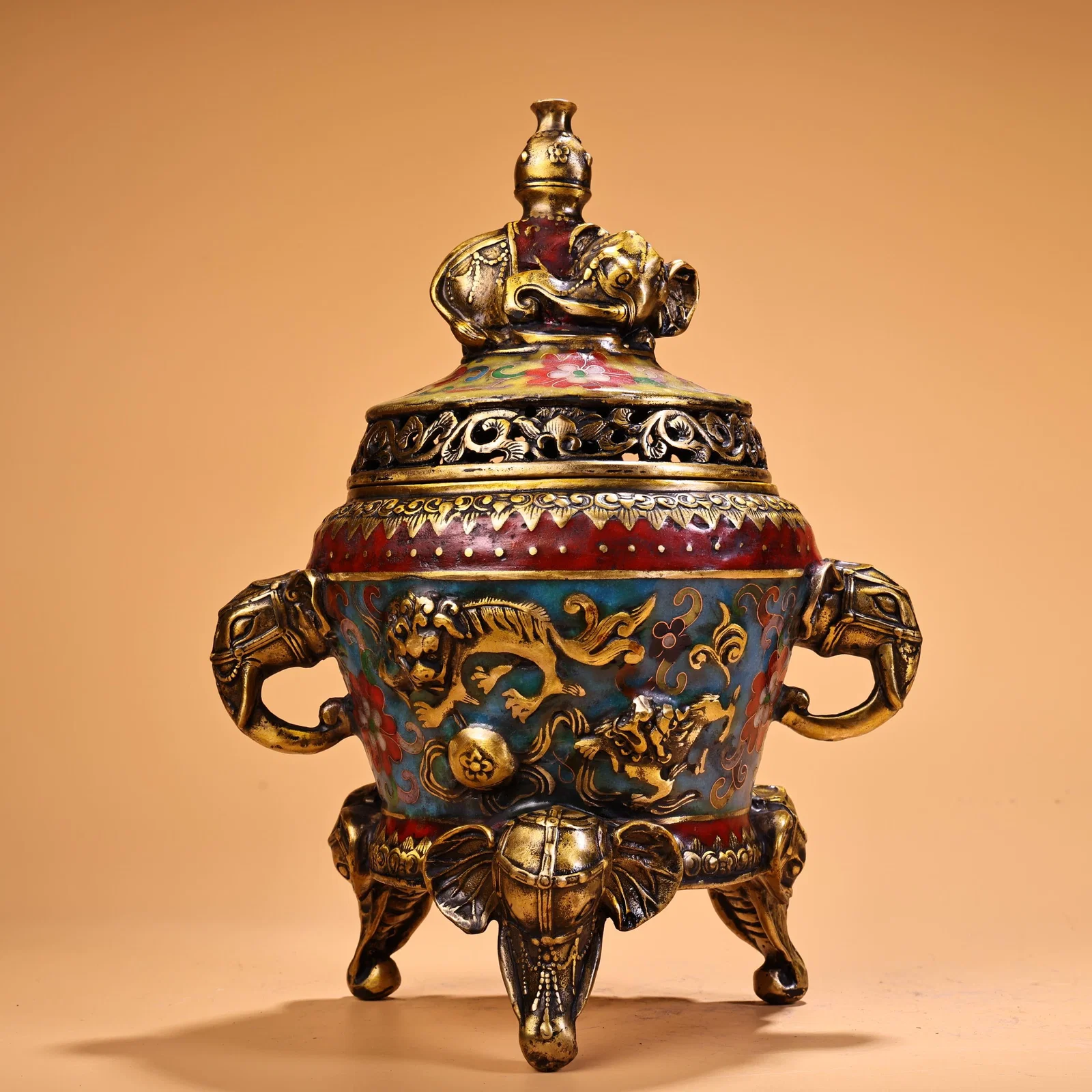 A Exquisite Coppery High-relief Carved Gilt Cloisonne Enamel Elephant Censer
