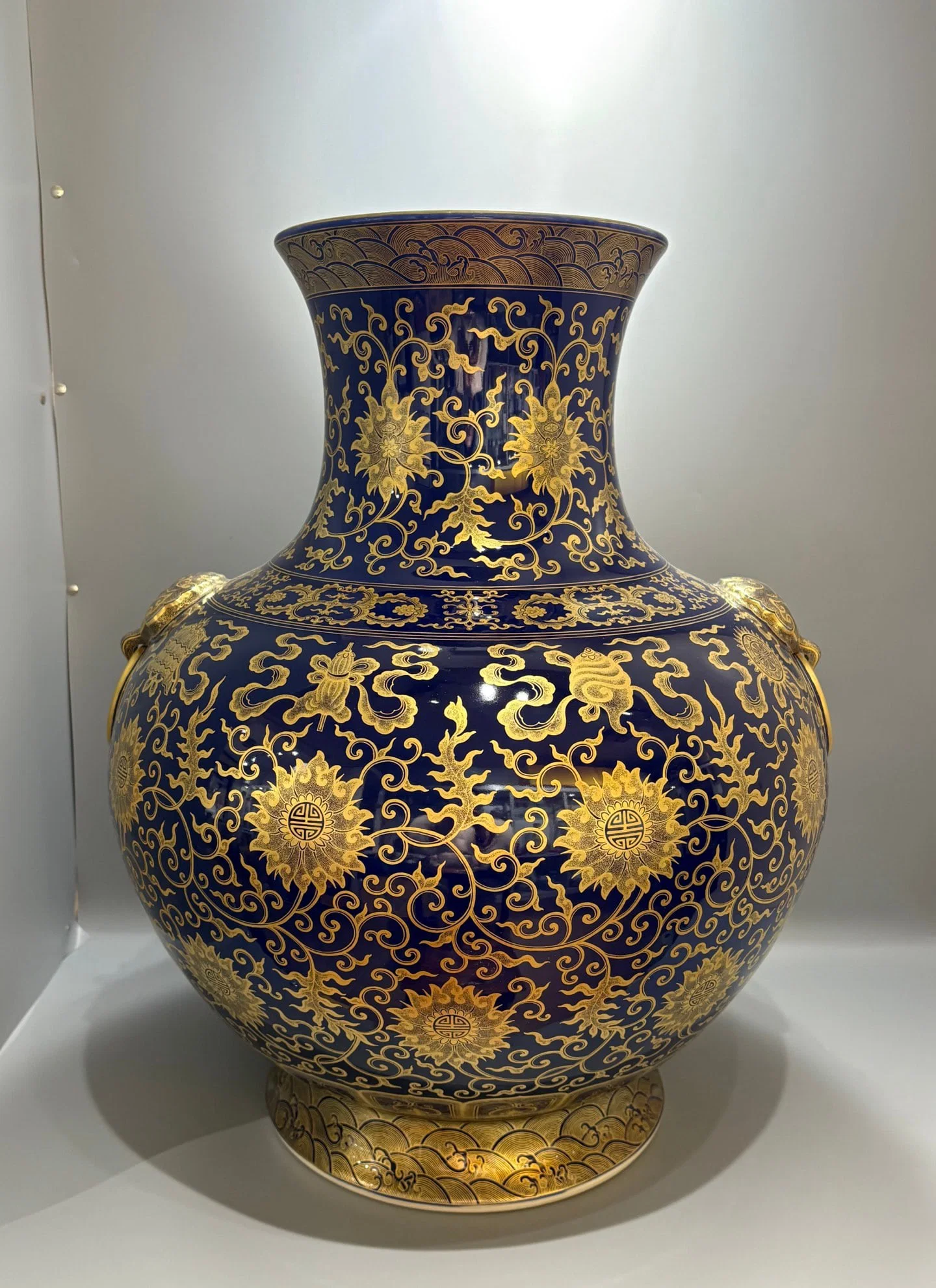 A Exquisite Famille-Rose Ji Blue Glazed Painted Gold Eight Treasures Lotus Pattern Lion-Ears