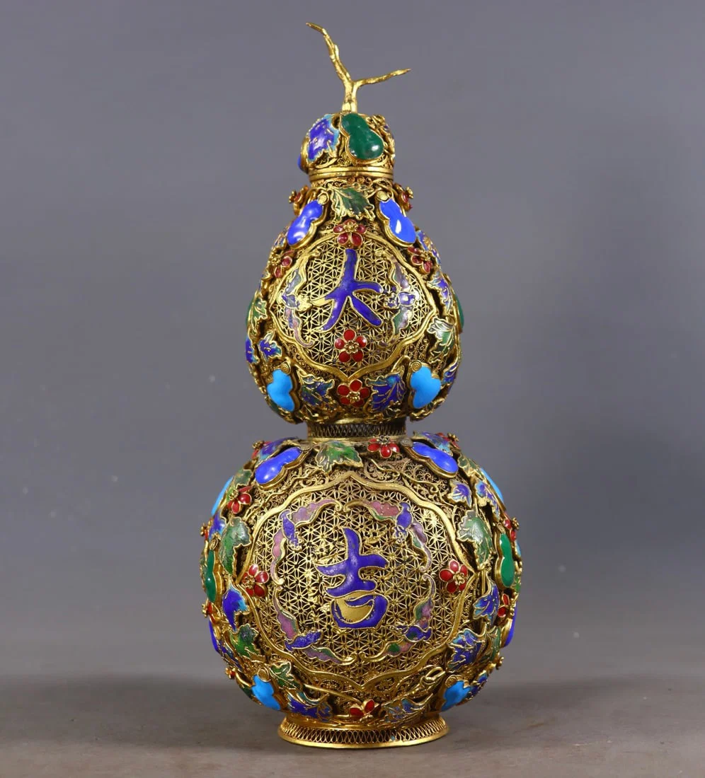 A Exquisite Filigree Gilt Inlaid Gems Gourd-Shaped Vase