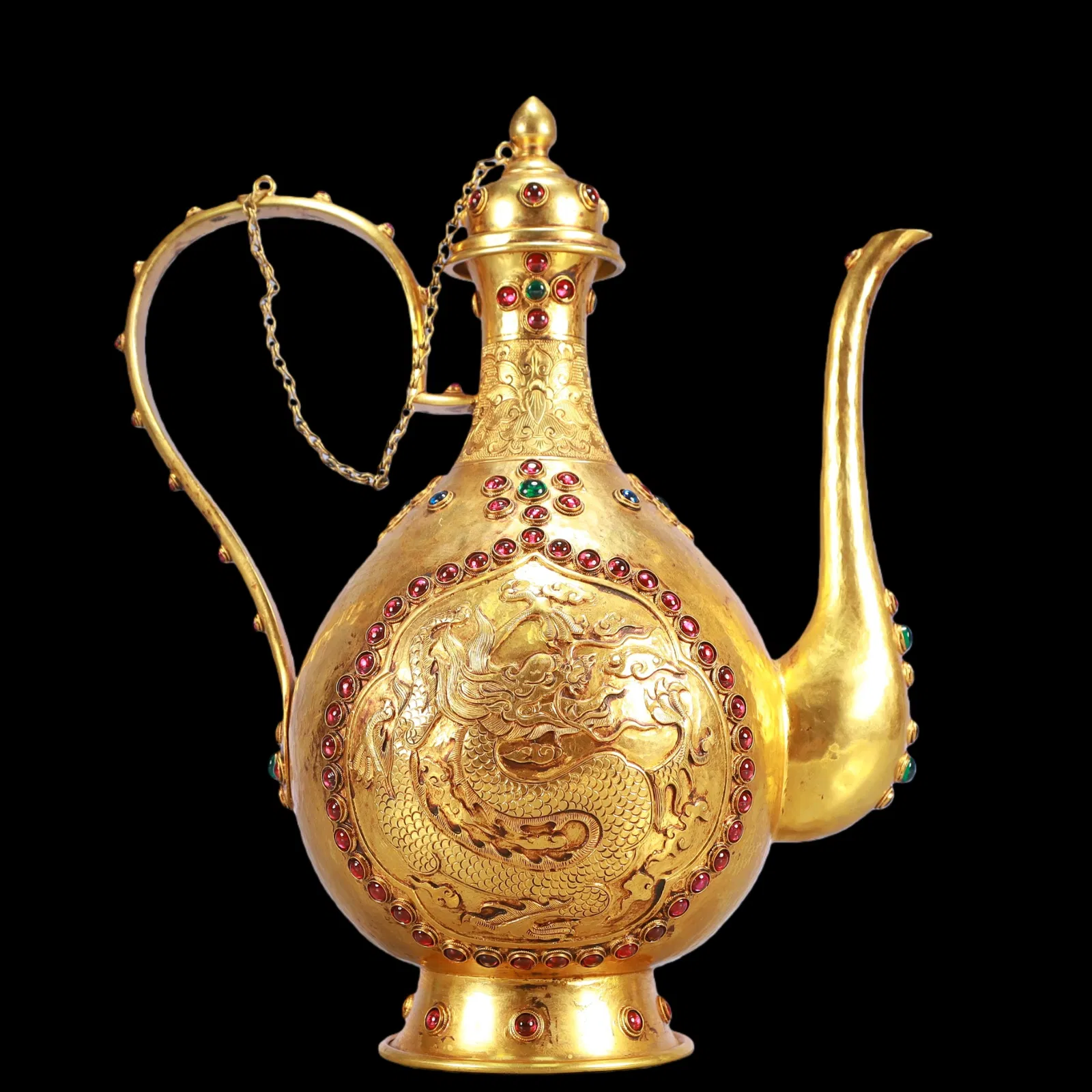 A Exquisite Gilt Bronze Inlaid Gems Dragon Pattern Ewer
