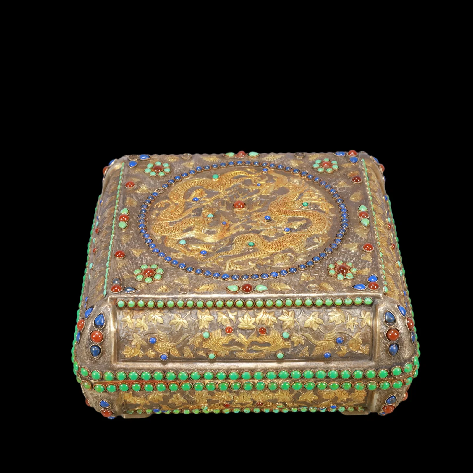 A Exquisite Gilt Silver Inlaid Gems Flower and Bird Pattern Dragon Pattern Box