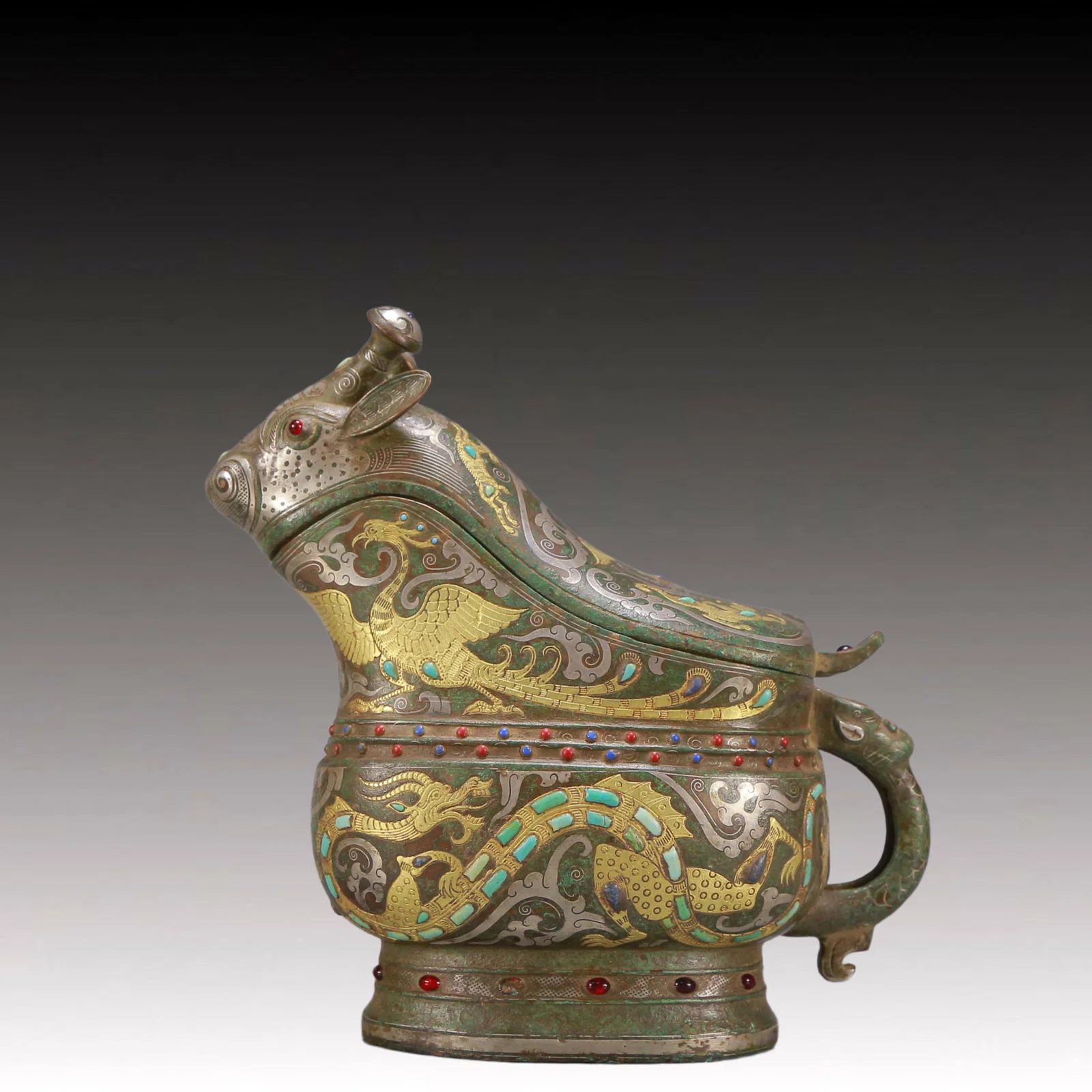A Exquisite Gold and Silver-Inlaid Bronze Dragon and Phoenix Pattern Ewer