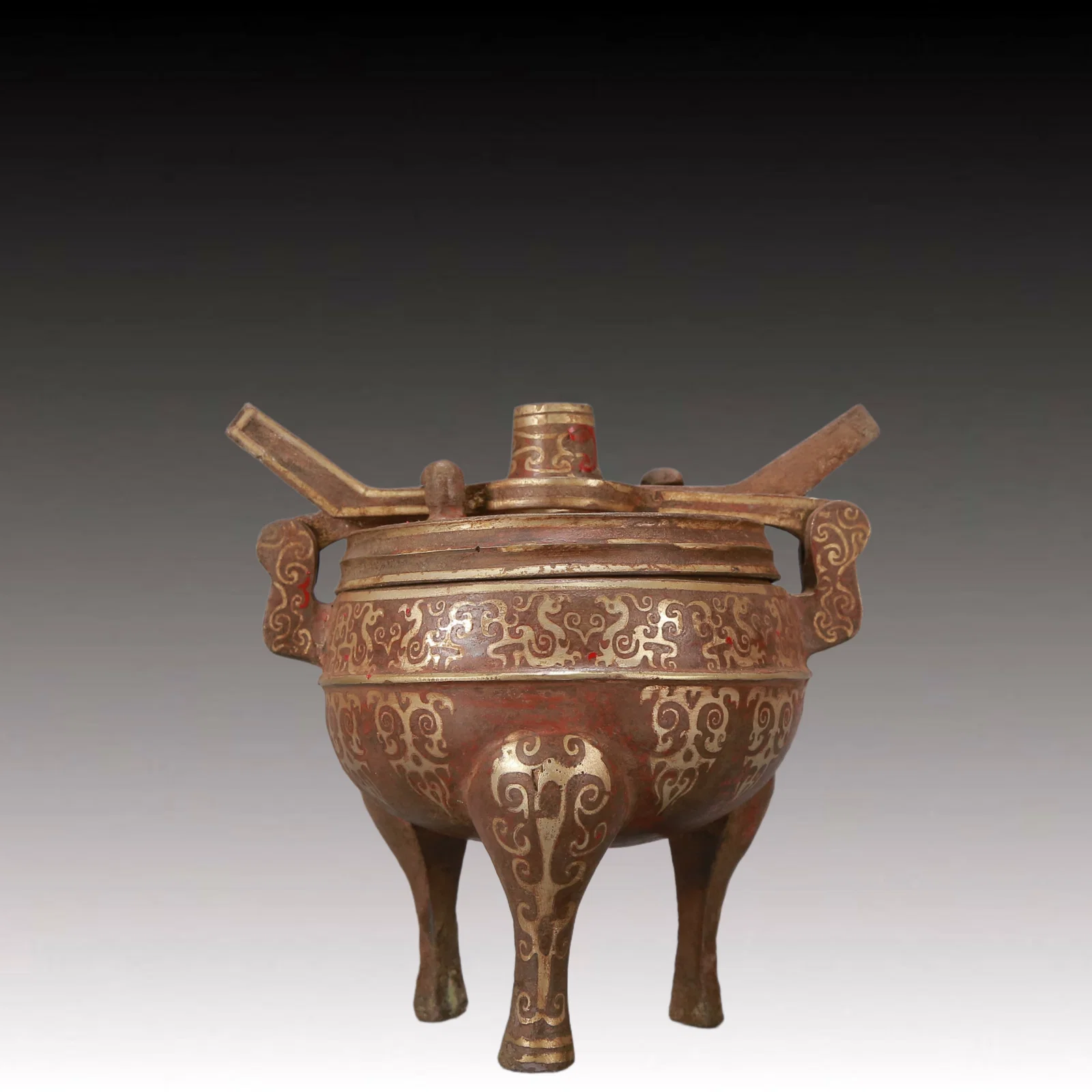 A Exquisite Gold and Silver-Inlaid Bronze Phoenix Pattern -With Inscription Double-Ears and Tripod