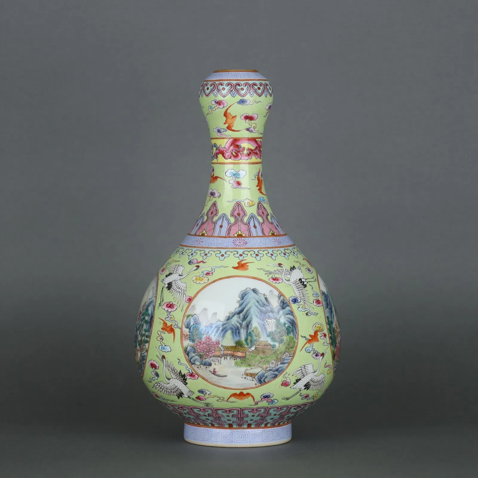A Exquisite Green Ground Famille-Rose Landscape and Crane Pattern Vase