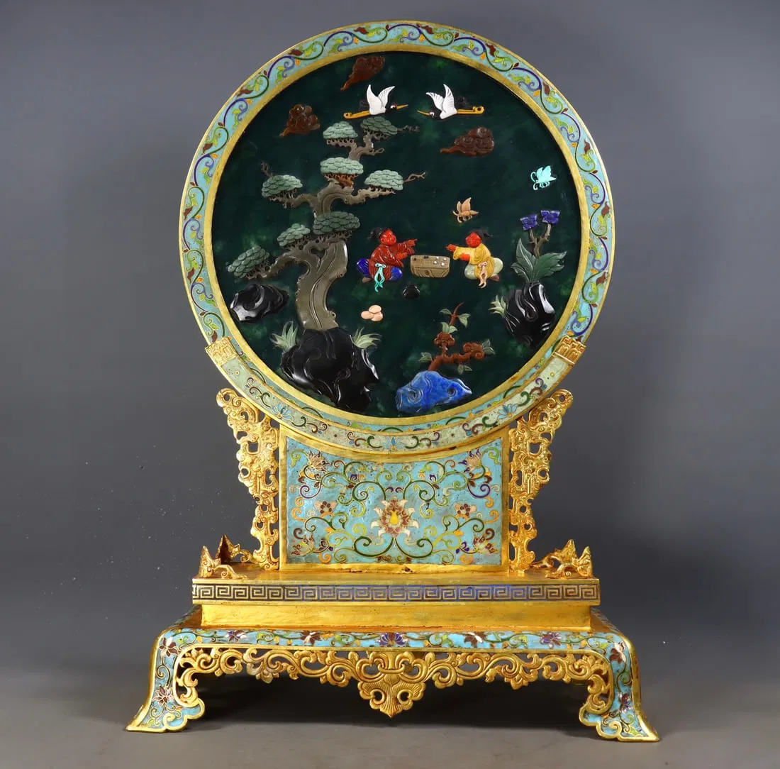 A Exquisite Hetian Jasper Eight Treasures Inlaid Cloisonne Screen