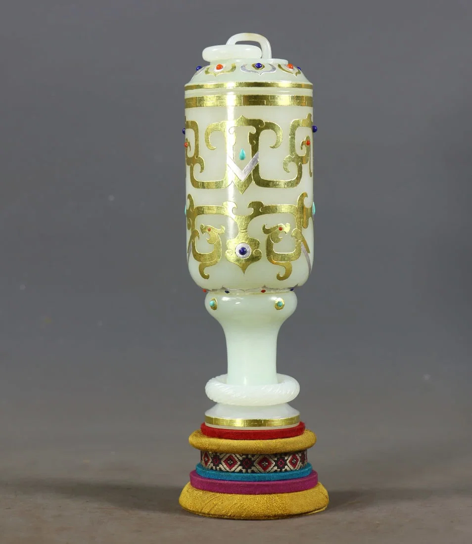 A Exquisite Hetian White Jade Gold and Silver-Inlaid Gems Cup