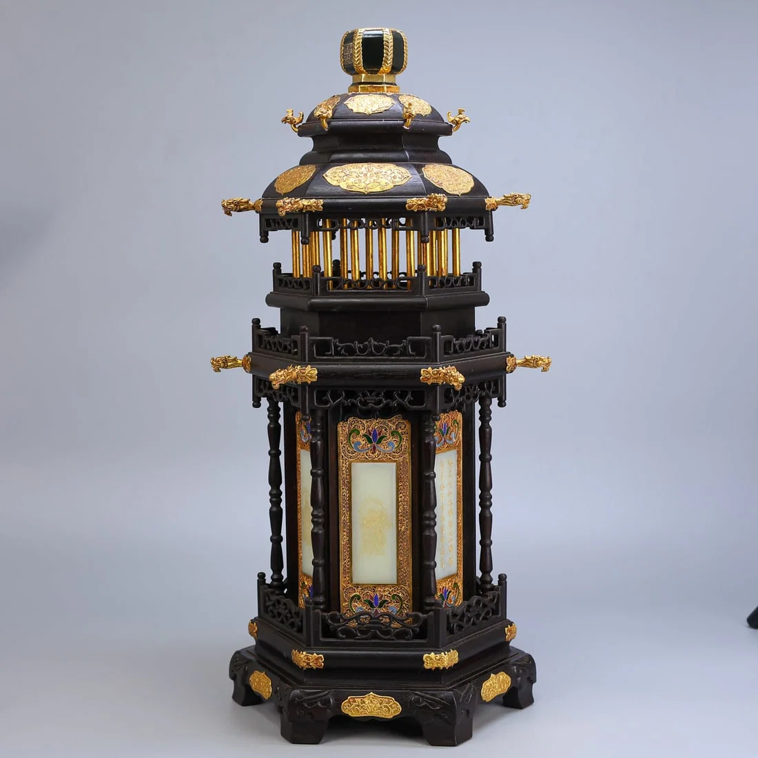 A Exquisite Hotan Jade Black Ebony Pagoda Ornament