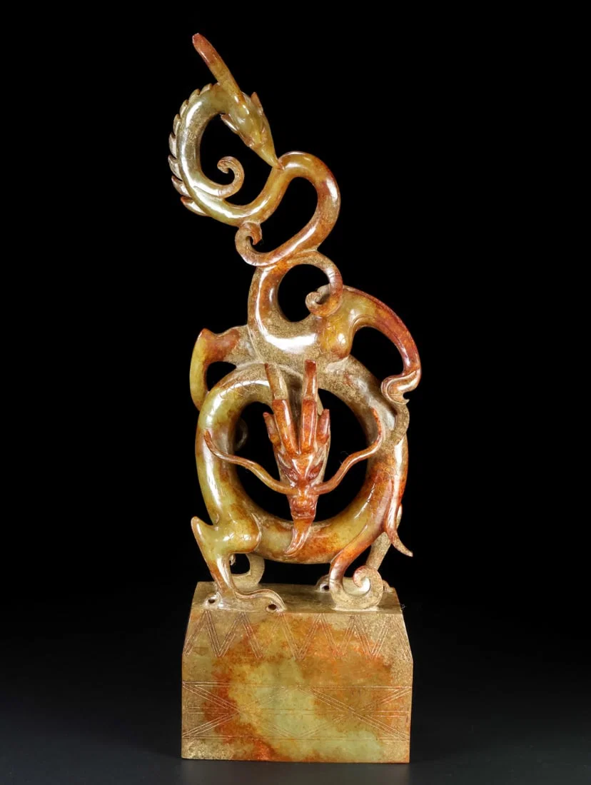 A Exquisite Hotan Jade Dragon and Phoenix Seal