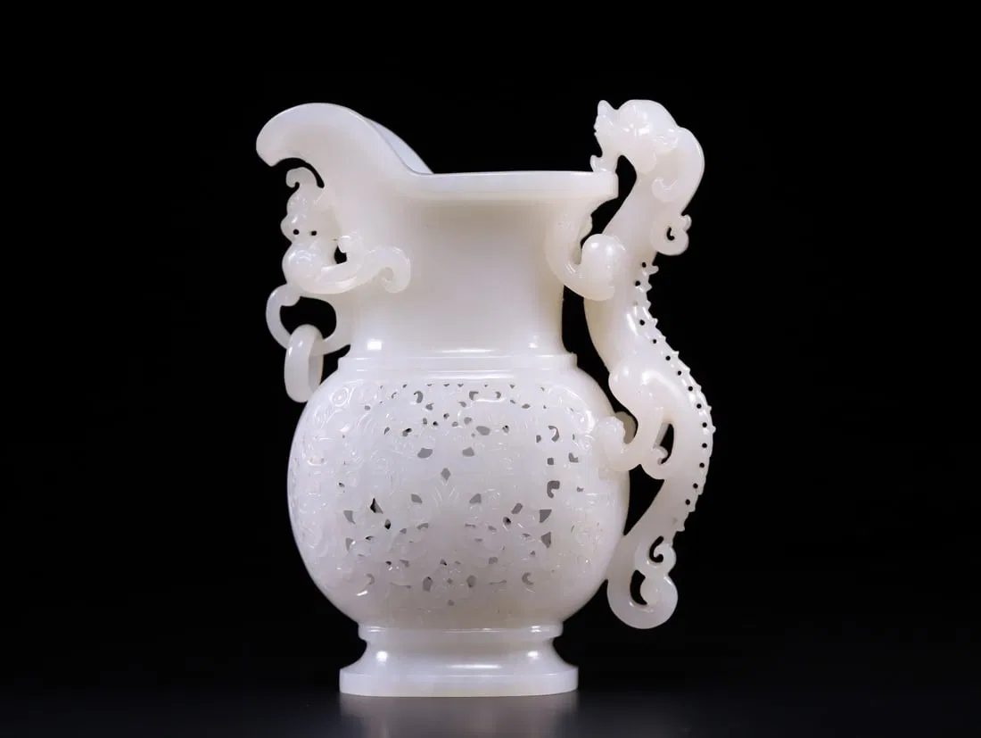 A Exquisite Hotan Jade Dragon Phoenix Ears Goblet