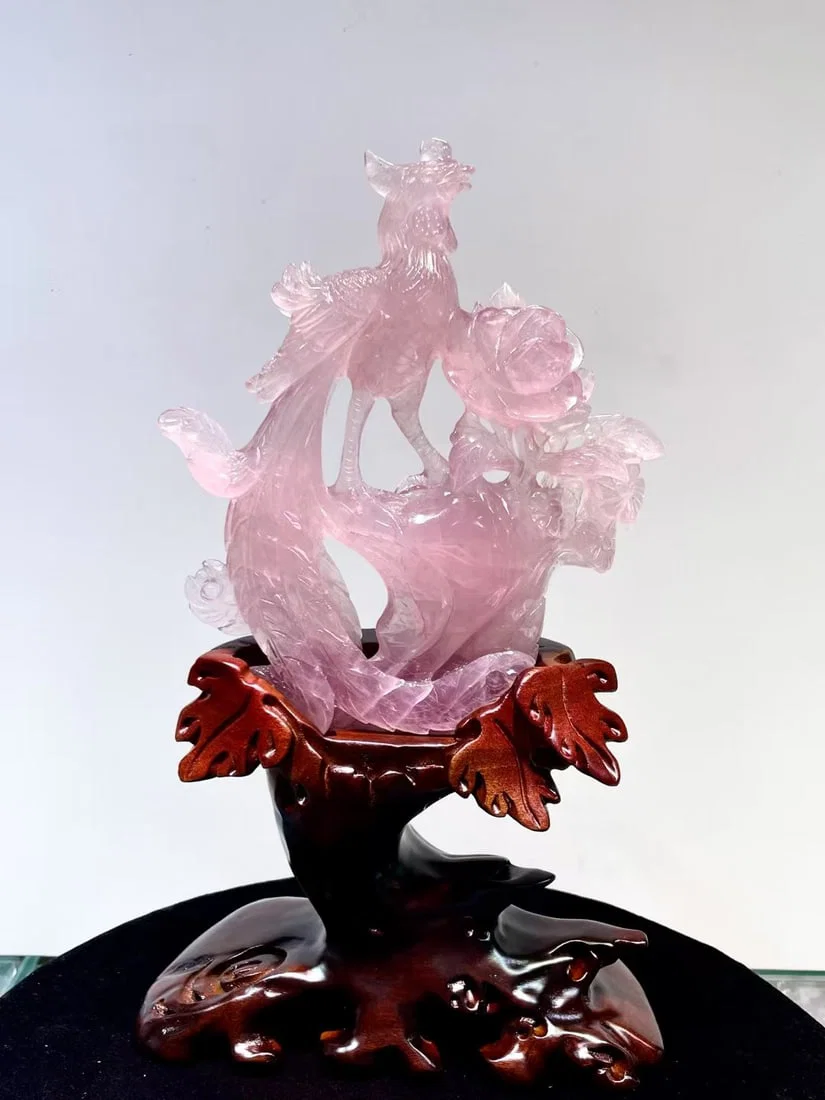A Exquisite Pink Crystal Carved Phoenix Ornament