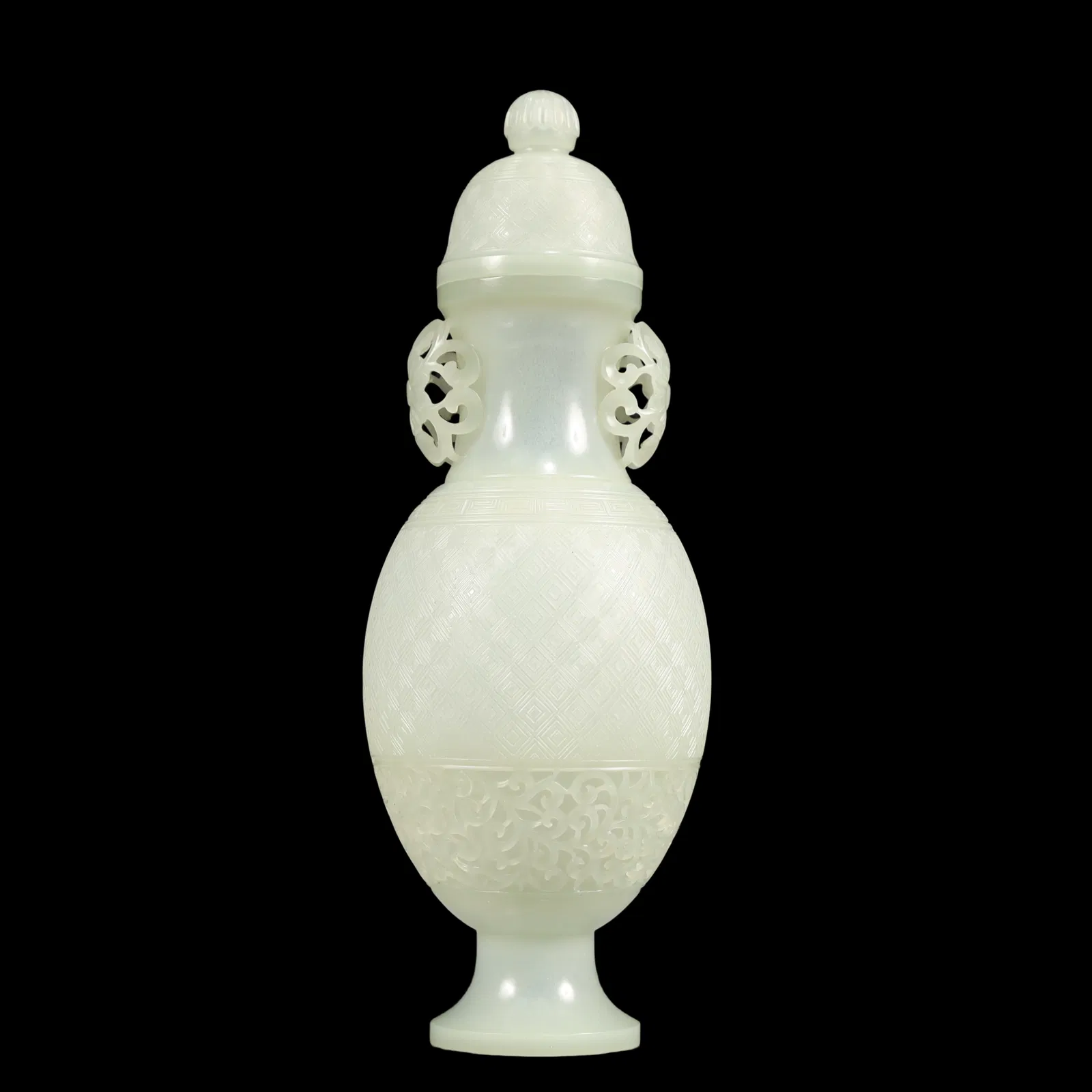 A Exquisite White Jade Lotus Pattern Double-Ears Vase