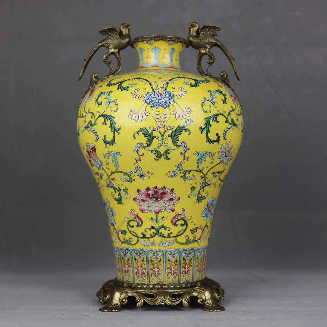 A Exquisite Yellow Ground Famille-Rose Copper Inlay Lotus Pattern Bird Ears Vase
