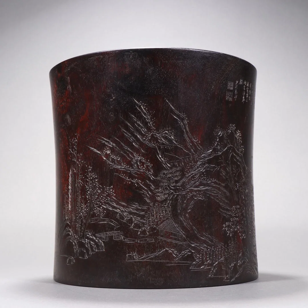 A Exquisite Zitanwood Carved Landscape Pattern Brush Pot