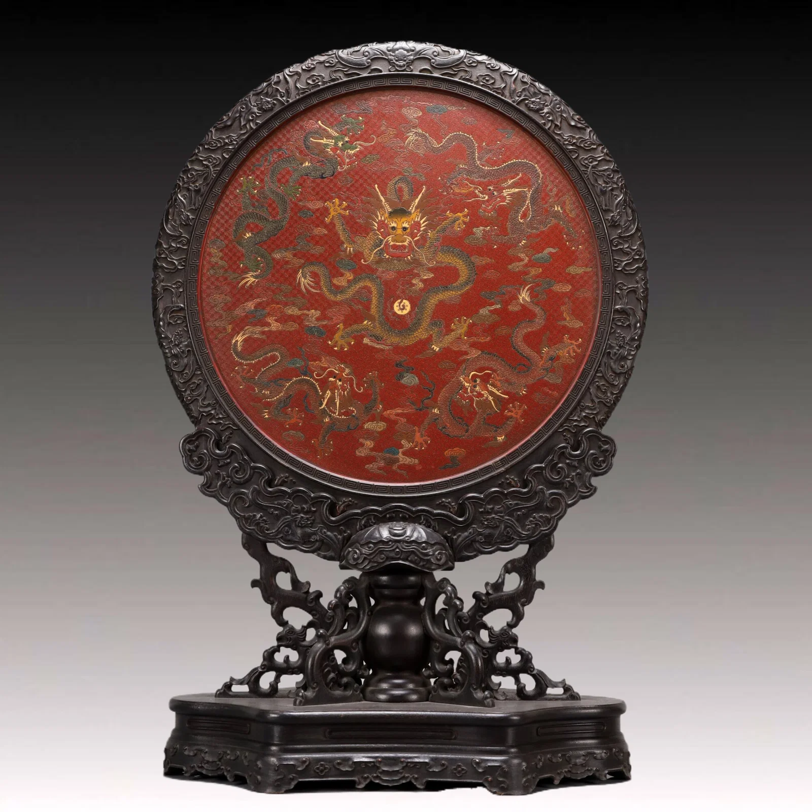 A Exquisite Zitanwood Inlaid Carved Red Lacquer Dragon Pattern Landscape and Figure Pattern Screen