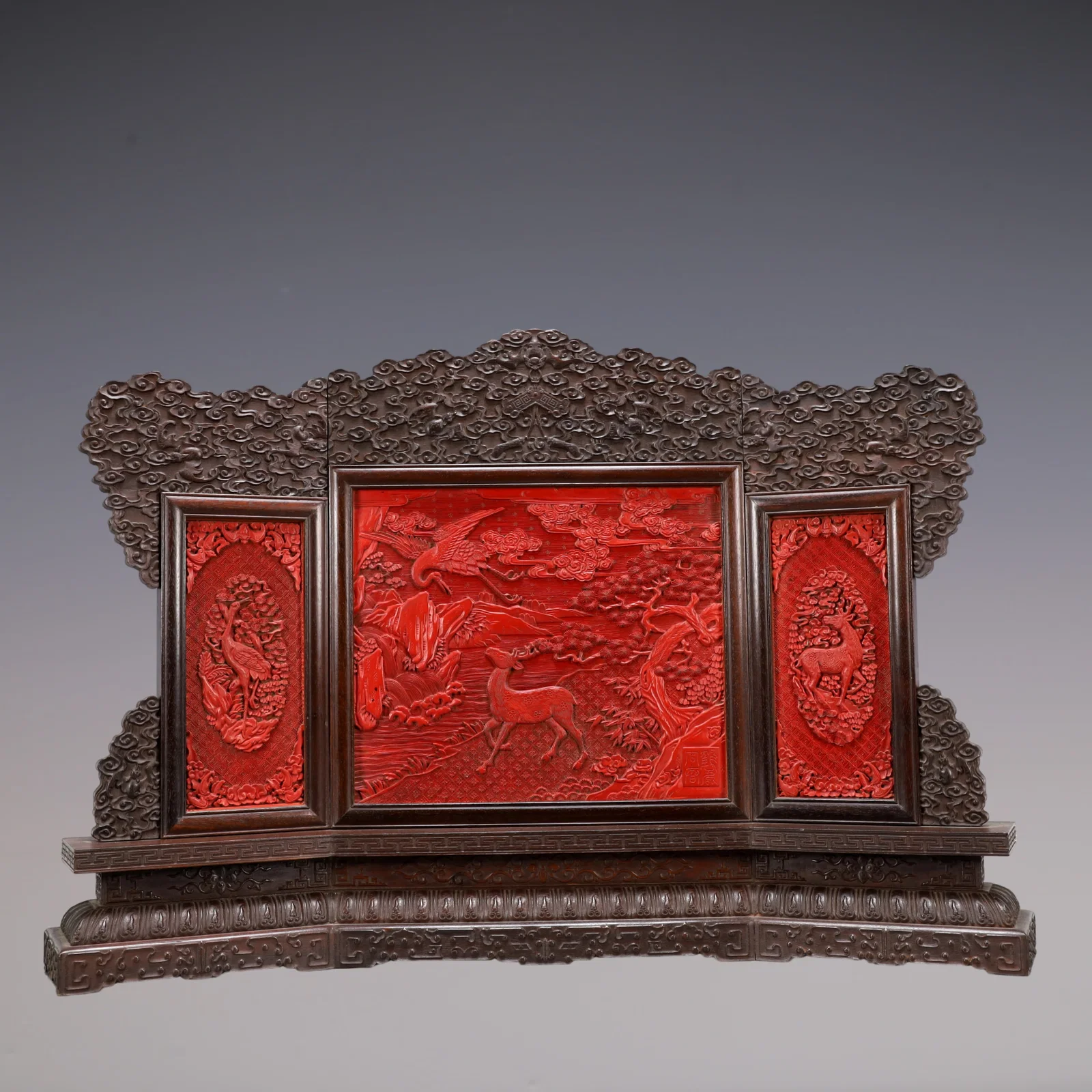 A Exquisite Zitanwood Inlaid Carved Red Lacquer Pine and Crane Pattern Sika Deer Pattern Screen