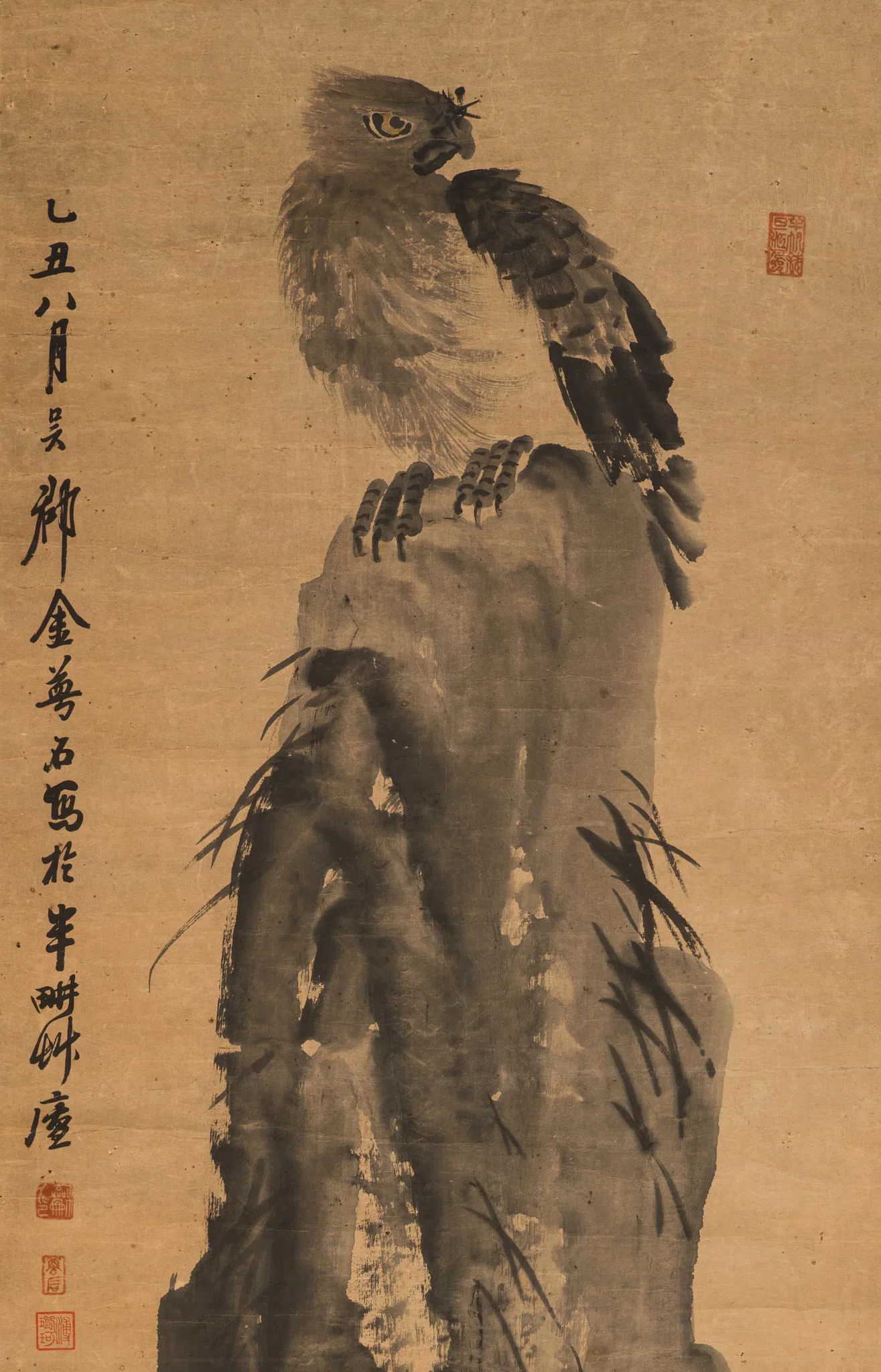 A FALCON PERCHED ON A ROCK' BY JIN MENGSHI (1869-1952), DATED 1925