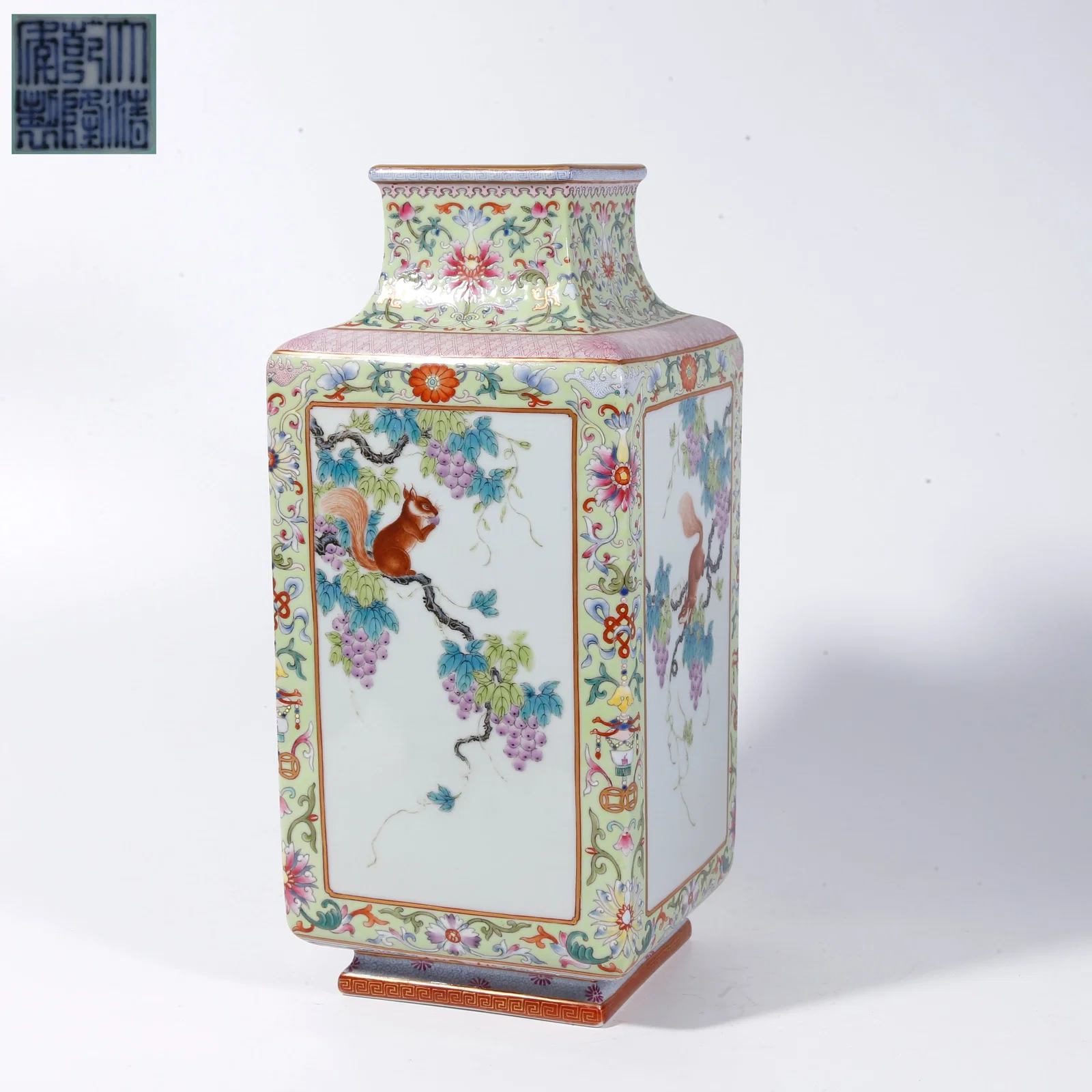 A FAMILLE-ENAMEL SQUARE ZUN WITH SQUIRREL AND GRAPE MOTIFS