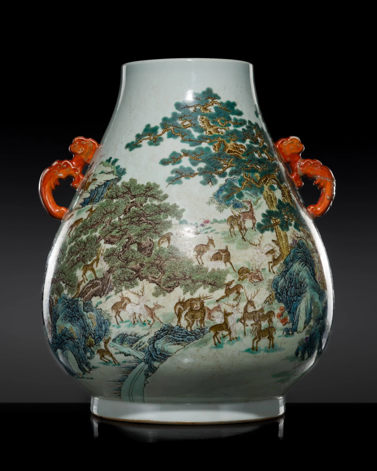 A FAMILLE ROSE 'HUNDRED DEER' HU-FORM VASE, 19TH CENTURY