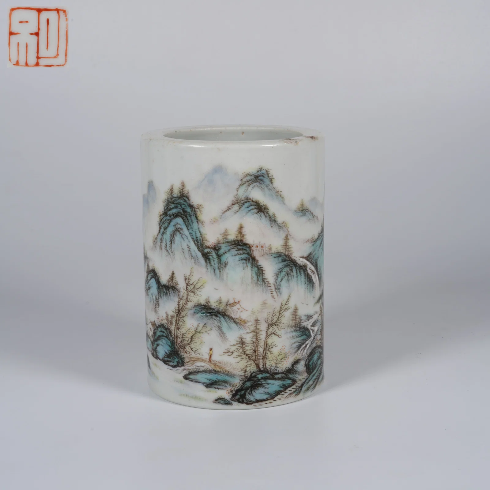 A FAMILLE ROSE LANDSCAPE BRUSH POT