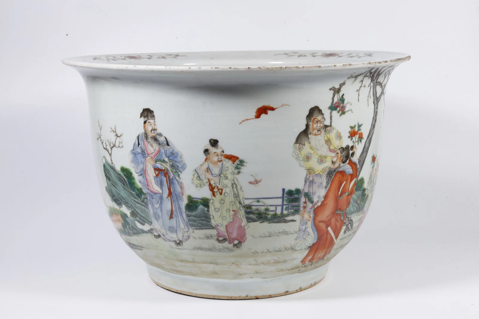 A FAMILLE-ROSE LARGE FLOWERPOT WITH HUMAN FIGURE STORYTELLING MOTIFS (A PAIR)