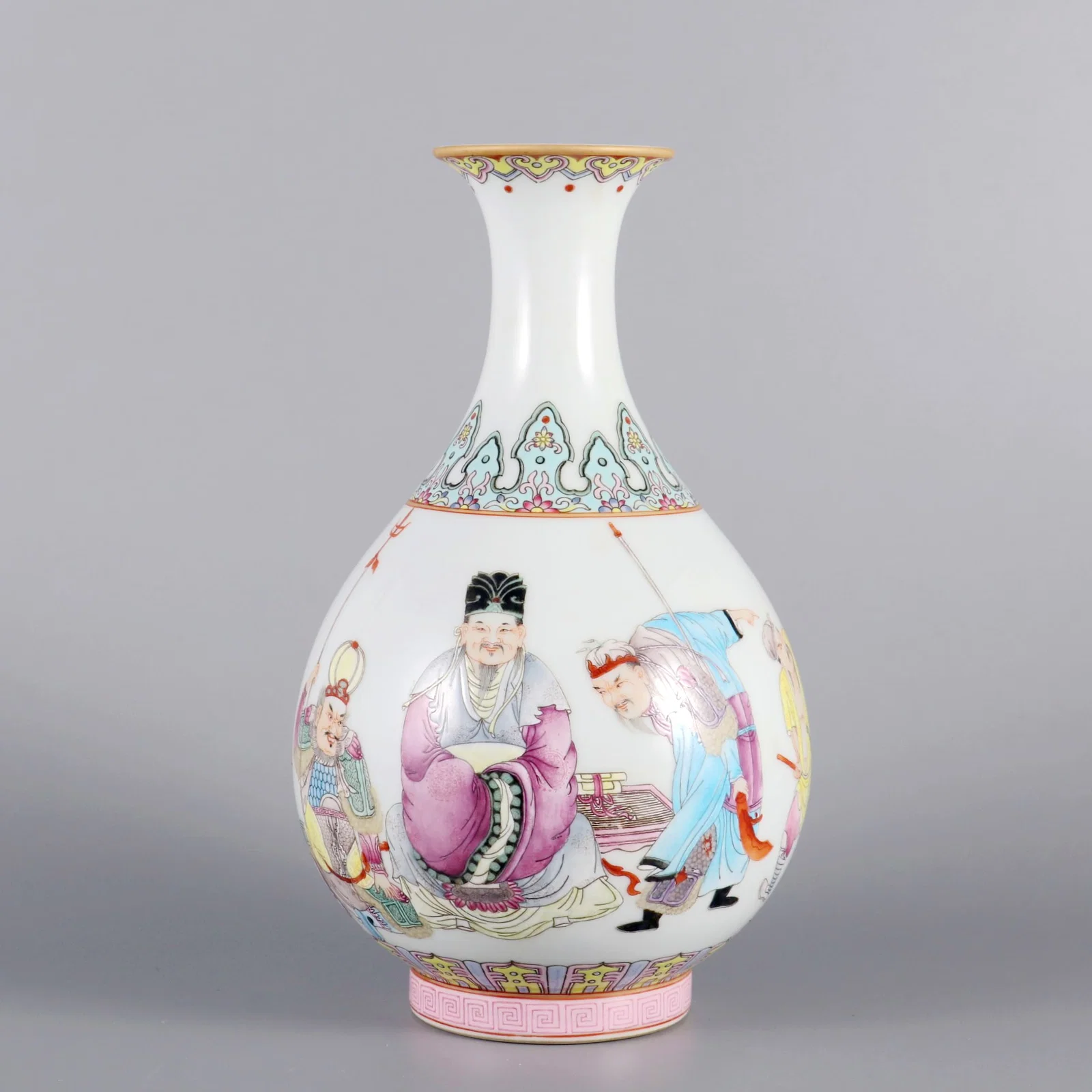 A FAMILLE ROSE WATER MARGIN FIGURES PEAR-SHAPED VASE