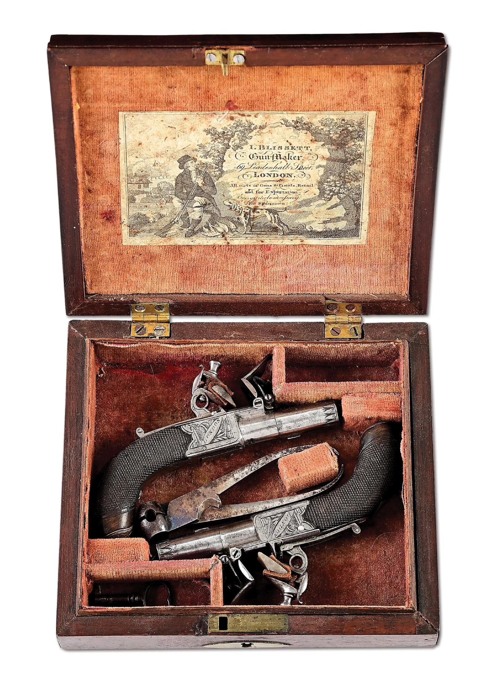 (A) FINE AND RARE CASED PAIR OF MINIATURE ENGLISH FLINTLOCK PISTOLS BY JOSEPH BLISSETT.